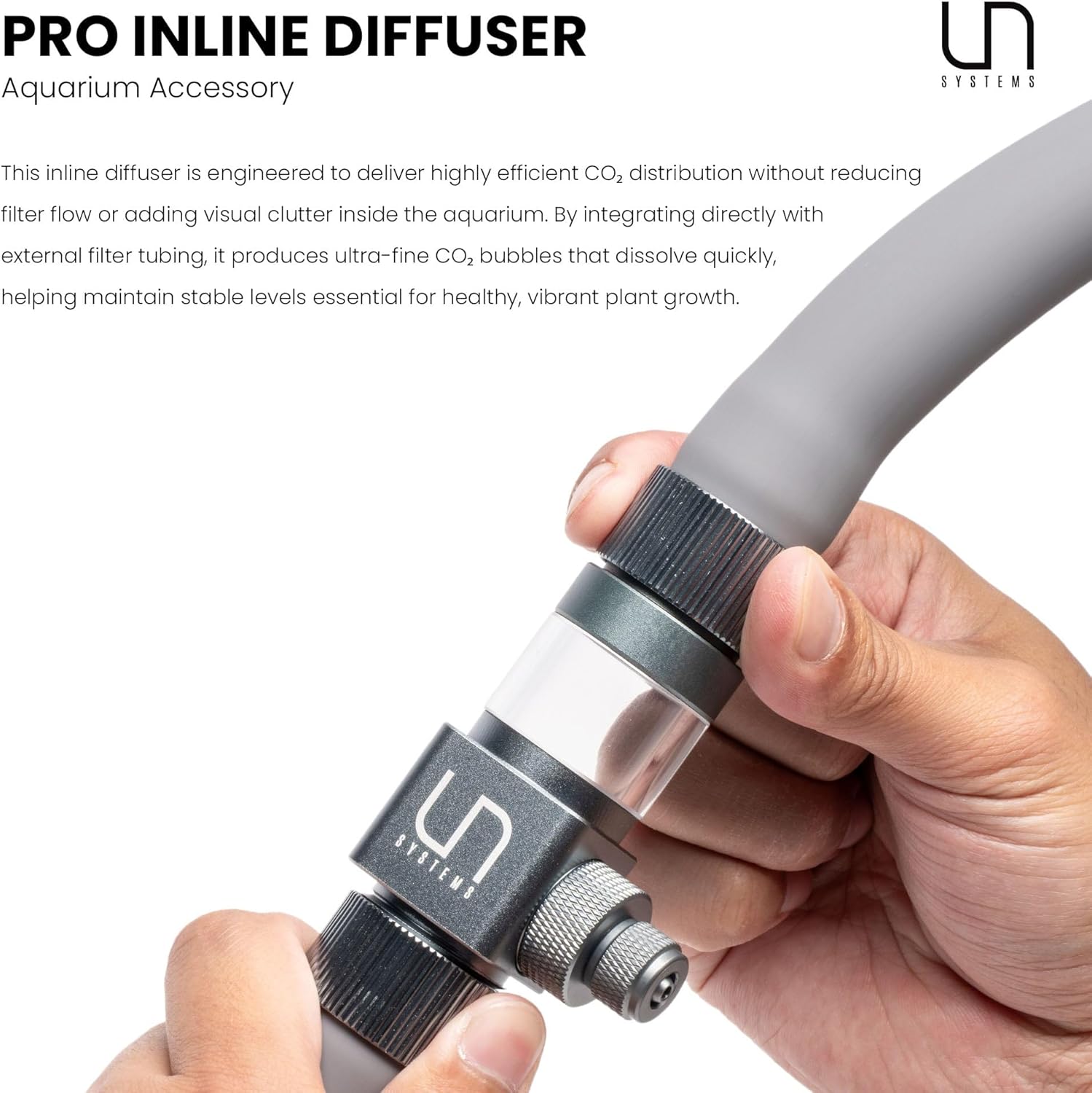 UNS Pro Inline CO2 Diffuser - Aluminum, High Gas Dissolution Diffuser for Freshwater Aquarium - Aquascaping Tank Ext. Canister Filter Accessory for 25/32in, 13/16in or 20ID Tubing - Space Gray, 20mm