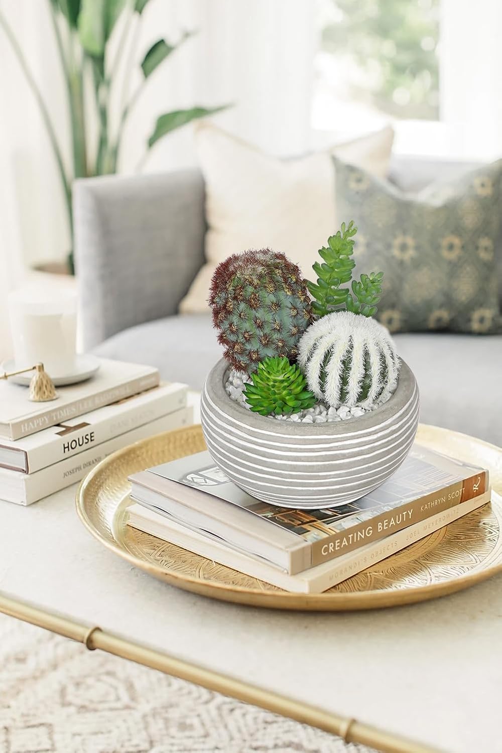 Artificial Cactus Plants Indoor, 5.5" Assorted Small Faux Succulent in Pots Fake Potted Desk Plant with Concrete Bowl Mini Succulents Artificial Cactus Decor for Home Office Bathroom Table Shelf