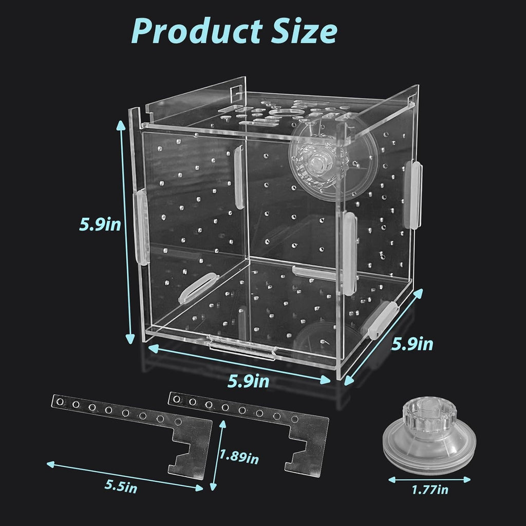 PINVNBY Acrylic Fish Breeding Box,Transparent Fish Isolation Box Acrylic Hatchery Incubator Tank with Suction Cups for Baby Fishes Shrimp Betta and Guppy（5.9" x 5.9" x 5.9"）