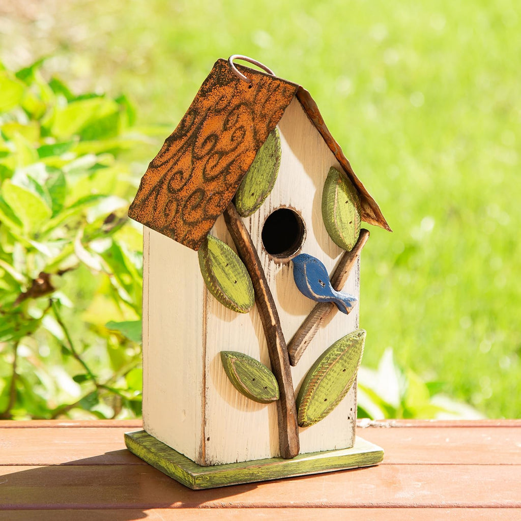 Glitzhome Bird Houses for Outside, 9.7" H Rustic Hanging Birdhouse Decorative Pet Cottage Distressed Wooden Birdhouse with 3D Tree Bluebird House for Outdoor Patio Garden, White