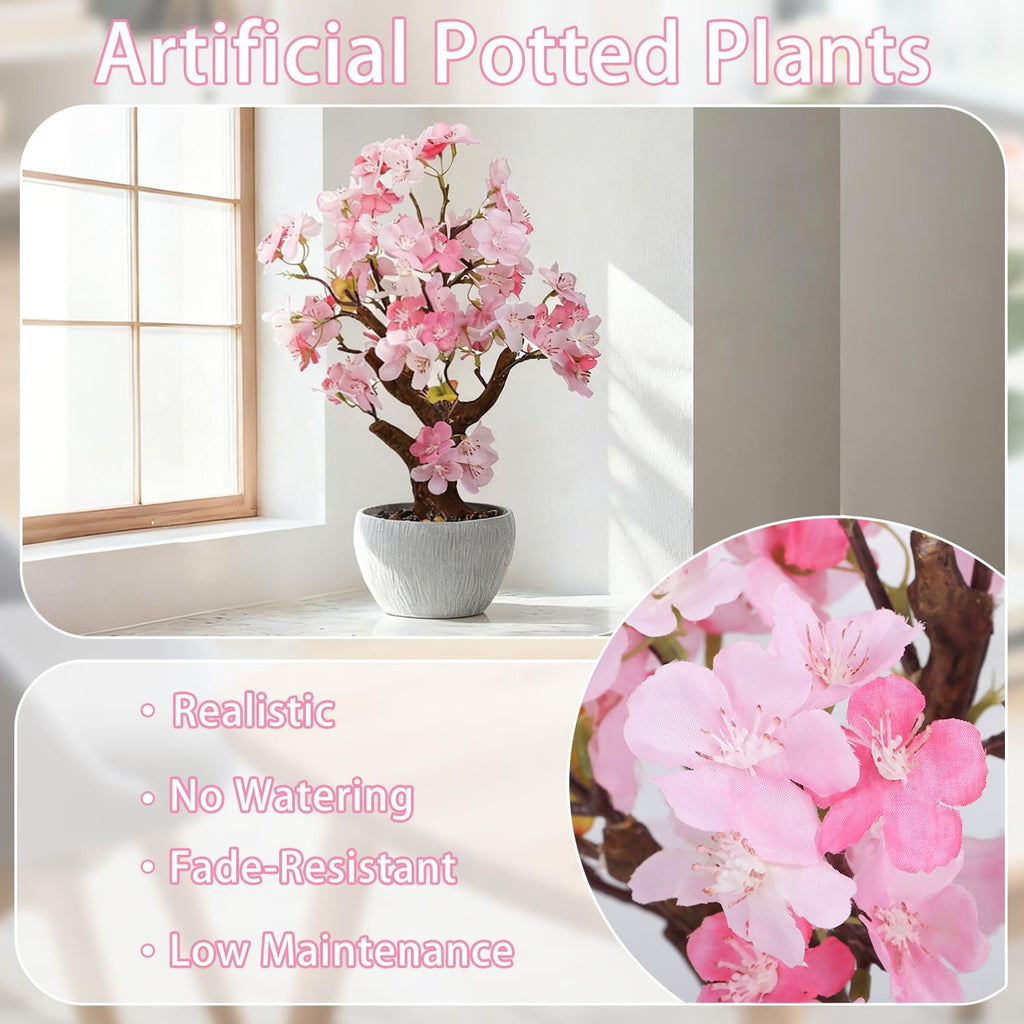 TOARTi Artificial Pink Cherry Blossom Potted Plant with Stone Pot, 13.4" Tall Fake Flowers Faux Plant Desk Decor, Realistic Decorative Plants Indoor Decor for for Home Bedroom Bathroom Office Desk
