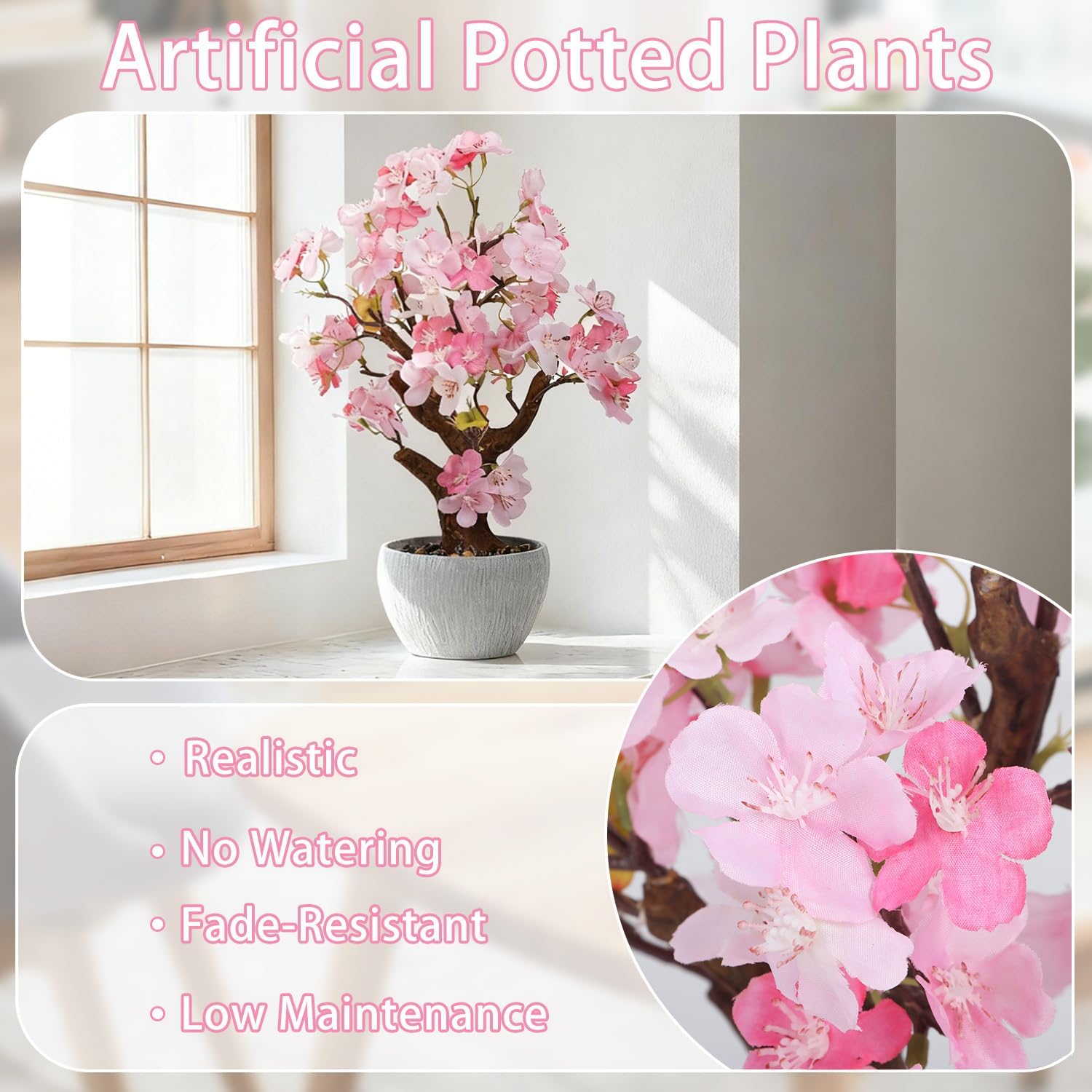 TOARTi Artificial Pink Cherry Blossom Potted Plant with Stone Pot, 13.4" Tall Fake Flowers Faux Plant Desk Decor, Realistic Decorative Plants Indoor Decor for for Home Bedroom Bathroom Office Desk