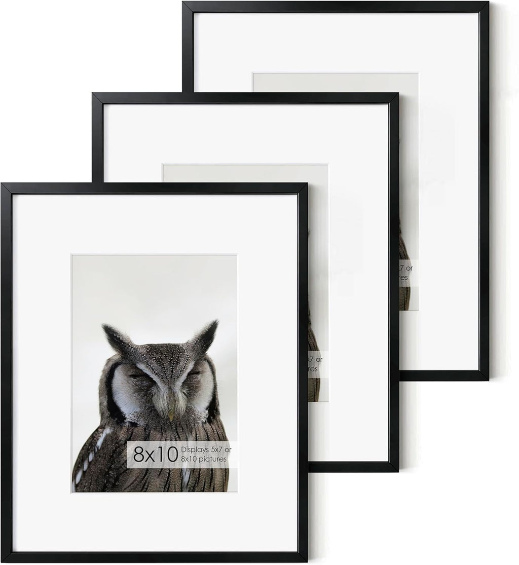 Fun Memories 8x10 Inch Metal Picture Frame - Aluminum Photo Frames - 5x7 Mat - Ideal for Wall or Tabletop Display - Wall Hook Hanging Hardware Included - Set of 3 - Black