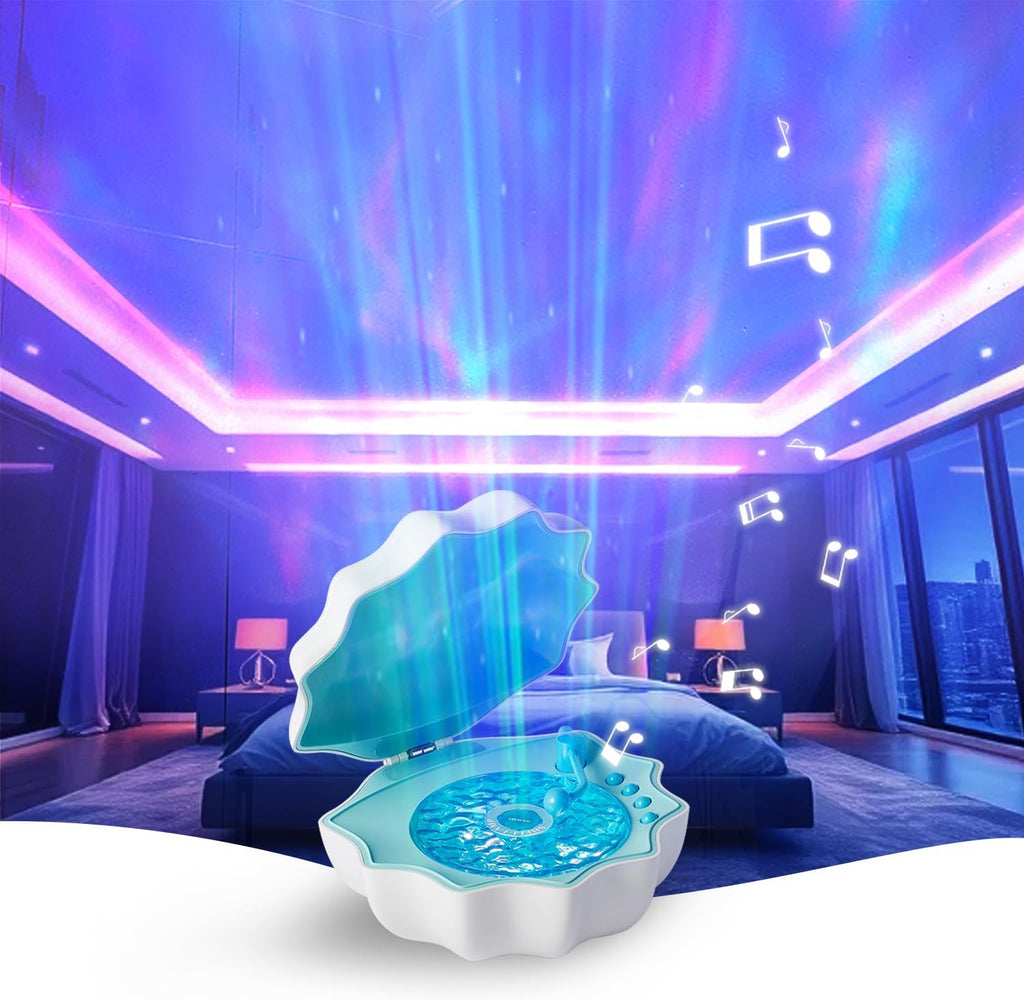 Northern Lights Projector, Night Light Projector for Bedroom Built-in Bluetooth Speaker, White Noise, Shell Night Light for Room Decor/Gift for Kids/Christmas/Music/Relaxation/Birthday (Blue)