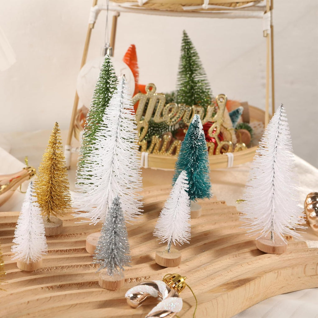 8 Pcs Artificial Mini Christmas Trees, Miniature Pine Trees Sisal Trees with Wood Base Tabletop Christmas Tree for Christmas Xmas Holiday New Year (Pure White, 8 pcs)