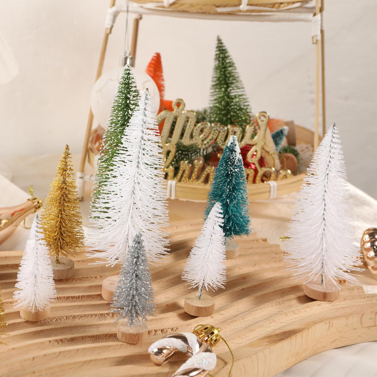 8 Pcs Artificial Mini Christmas Trees, Miniature Pine Trees Sisal Trees with Wood Base Tabletop Christmas Tree for Christmas Xmas Holiday New Year (Pure White, 8 pcs)