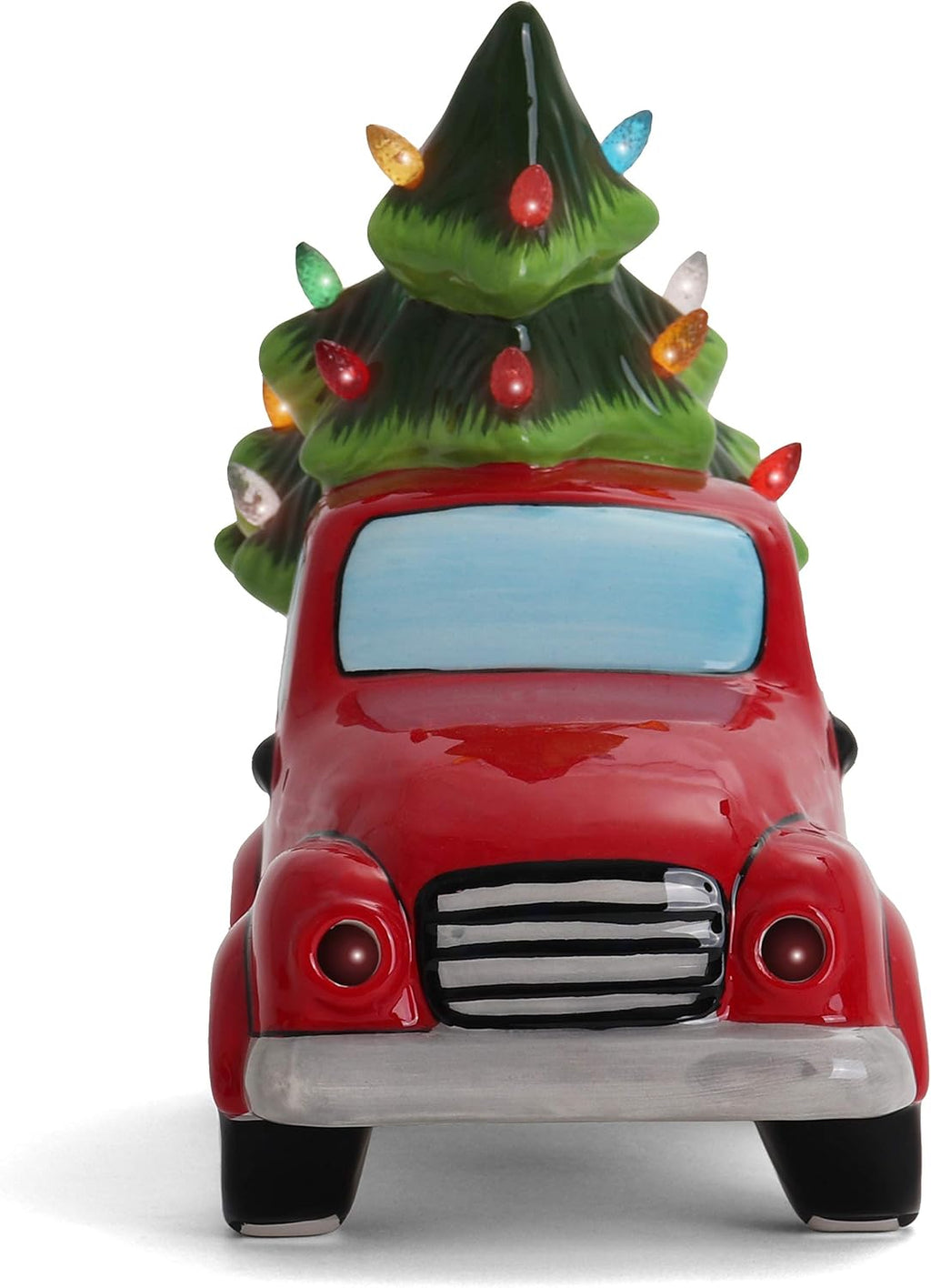 Milltown Merchants Ceramic Christmas Tree in Vintage Truck - Nostalgic Tabletop Decor - (11" Red Truck/Multicolored Lights)