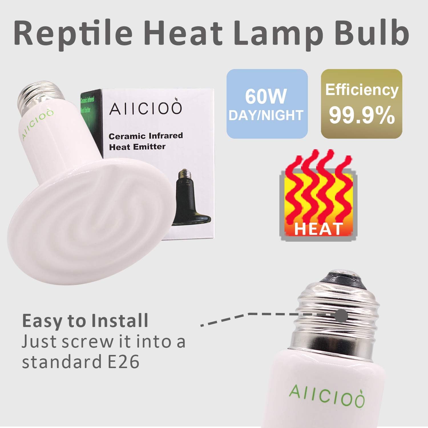 Reptile Heat Lamp Bulb -60W Ceramic Heat Emitter No Harm No Light Infrared Heater Lamp for Chicken Coop Lizard Aquarium Snake Outside Dogs Brooder 110V,White
