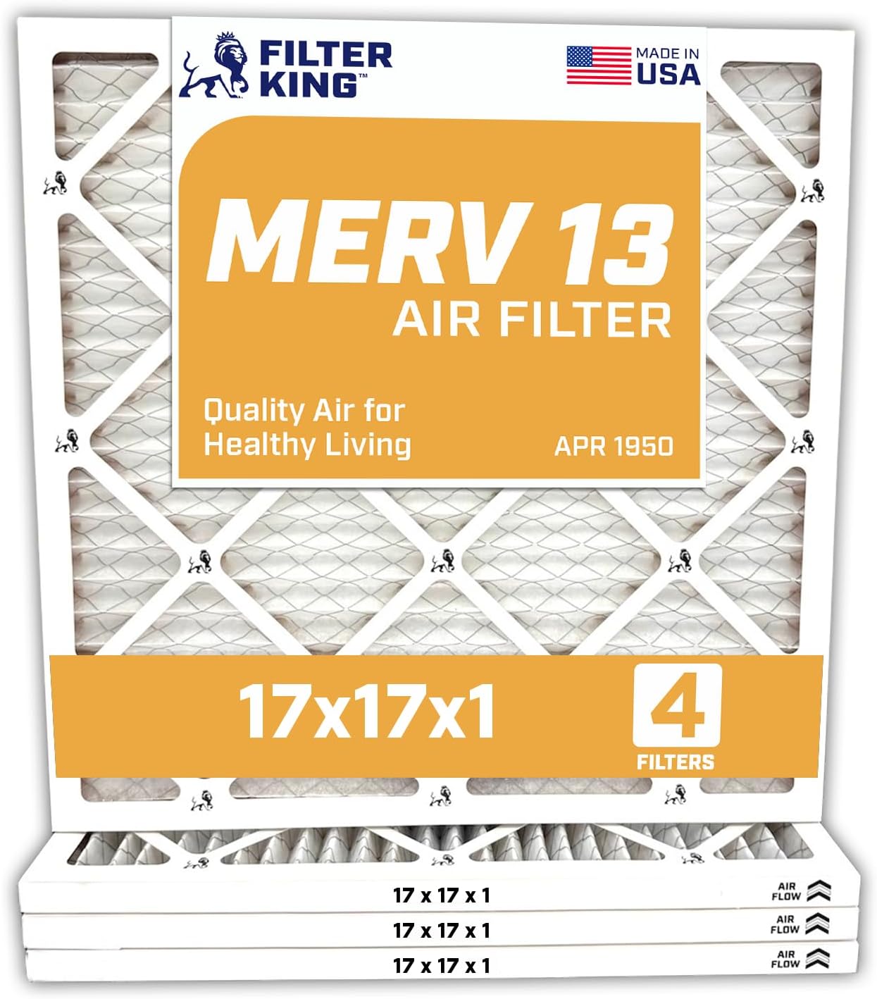 Filter King 17x17x1 Air Filter | 4-PACK | MERV 13 HVAC Pleated A/C Furnace Filters | MADE IN USA | Actual Size: 17 x 17 x .75"