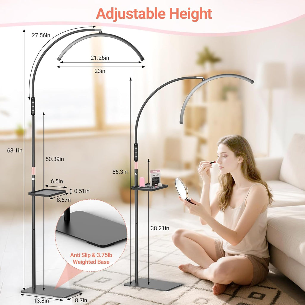 LIONVISON Half Moon Lash Light: 6500K LED Lamp Ring Light with Tray - 360° Flexible Gooseneck Durable Metal Stand - Salon Use for Lash Artists Eyelash Extensions (23In Black)