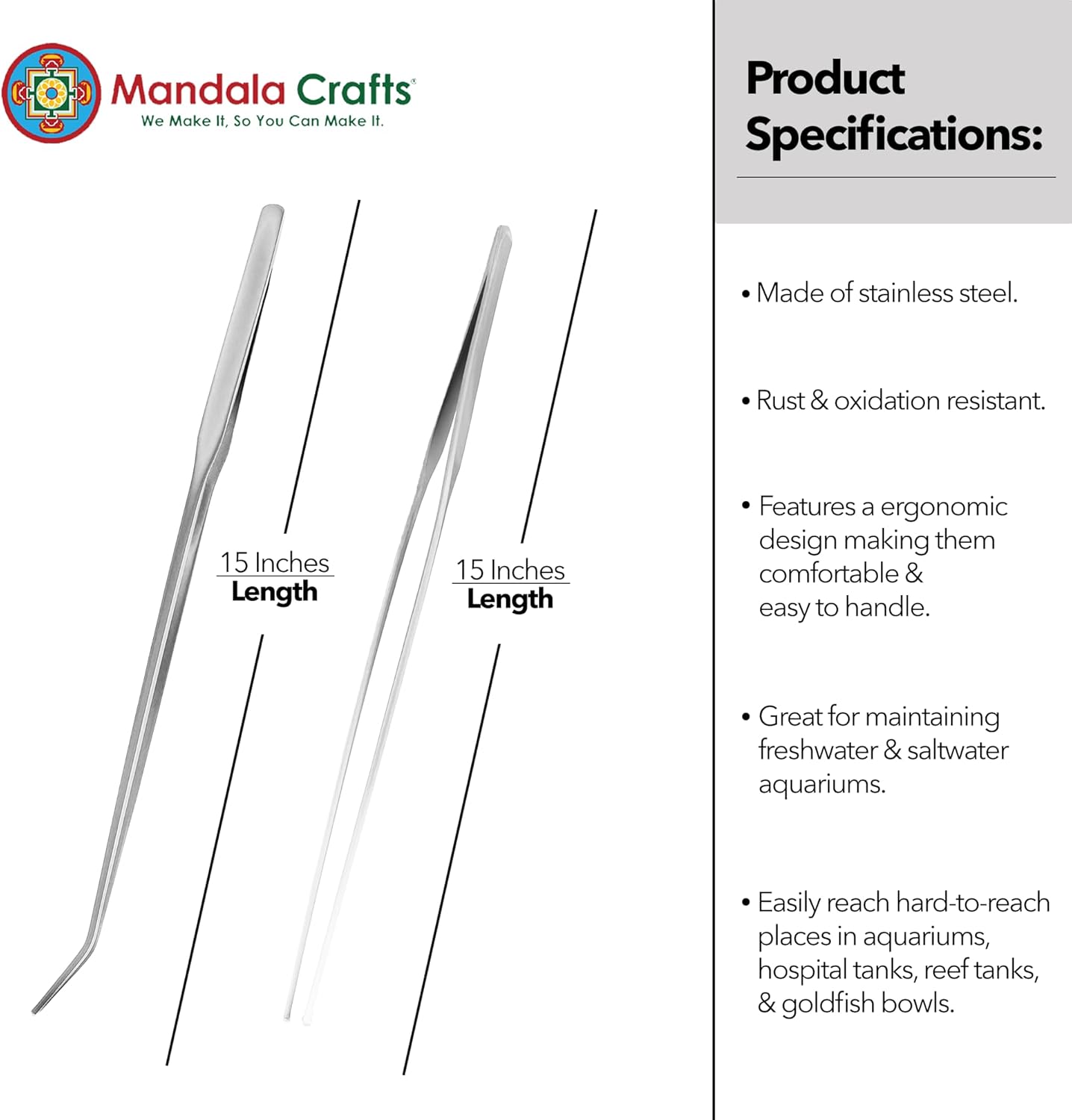 Mandala Crafts 15 Inches Silver Stainless Steel Straight and Curved Aquarium Tweezers for Aquatic Plants – Long Aquascape Forceps for Fish Tanks, Hospital Tanks, Goldfish Bowls, and Terrariums