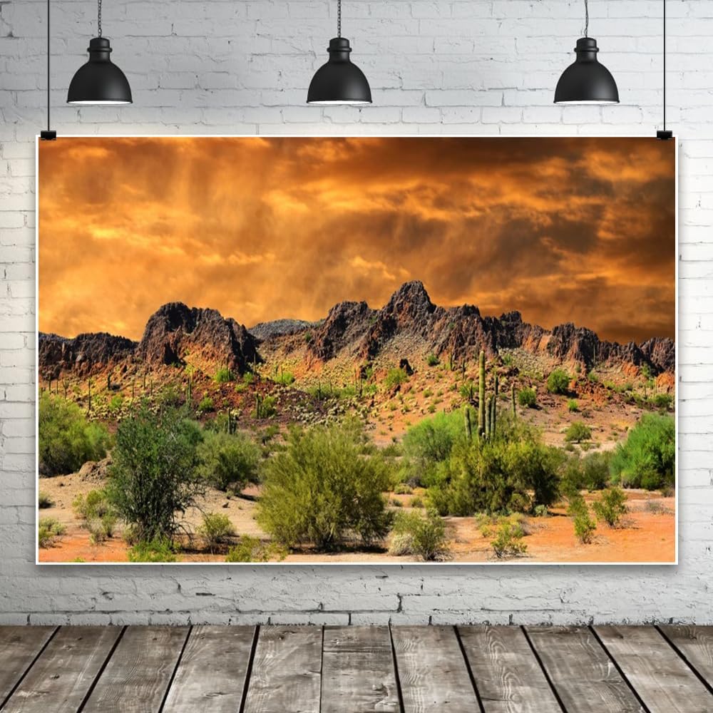 Laeacco 15x10ft Dusk Desolate Desert Backdrop Weathered Mountains Scenic Backdrop Natural Landscape Sunset Glow Cactuses Wedding Photo Studio Stage Perfomance Wallpaper Portrait Shoot Booth Props
