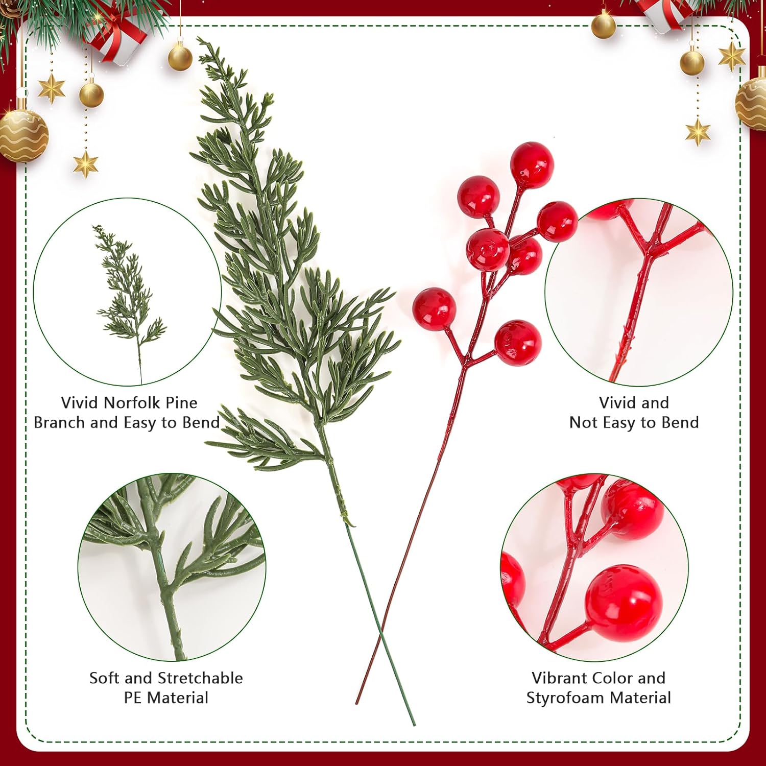 Dapclca 50 Pcs Christmas Artificial Pine Branches with Red Berry Stems, 10.5" Faux Evergreen Norfolk Pine Cypress Leaves Stems- Fake Foliage Pine Needles Picks for DIY Craft Garland Home Décor