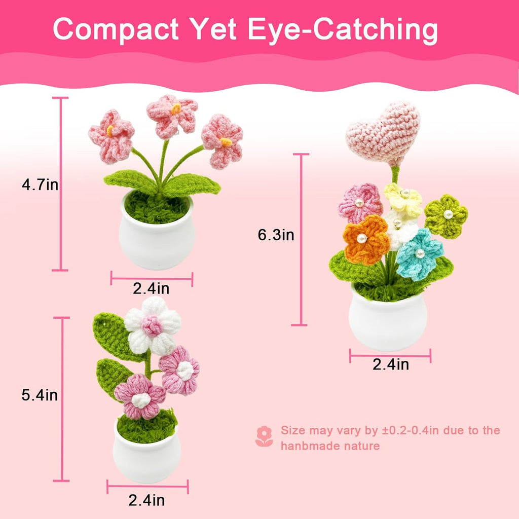 3pcs Crochet Flowers Cute Potted Flower,Mini Flower Bouquet for Mom Wife, Cute Desk Decor for Women,Artificial Handmade Flowers for Car Dashboard,Home Office Decoration (Color#8)