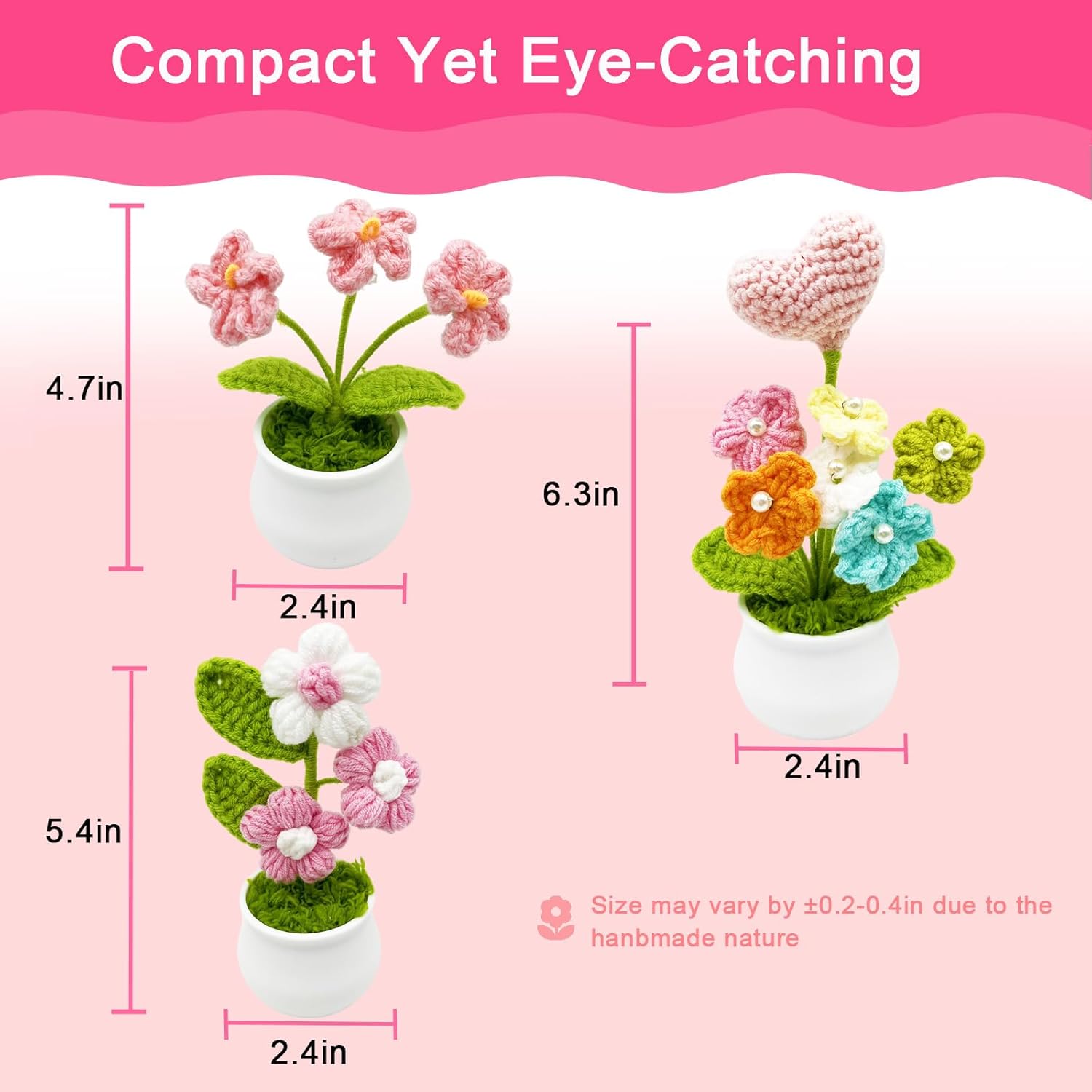 3pcs Crochet Flowers Cute Potted Flower,Mini Flower Bouquet for Mom Wife, Cute Desk Decor for Women,Artificial Handmade Flowers for Car Dashboard,Home Office Decoration (Color#8)