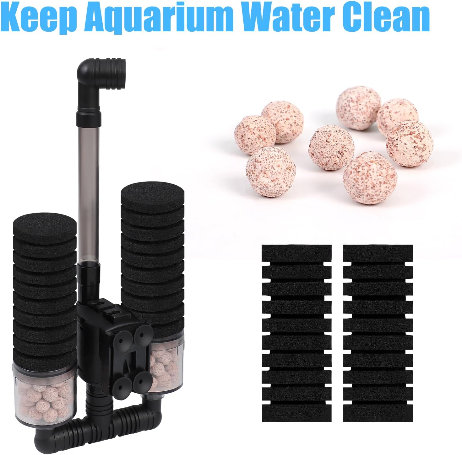 AQUANEAT Aquarium Electric Sponge Filter for Fish Tank, with Pump, with 2 Extra Sponges, Large up to 55Gal