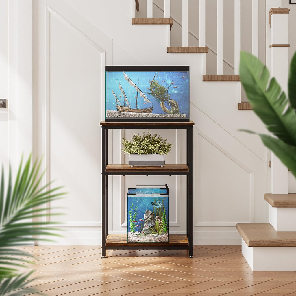 APPLOYN 5-10 Gallon Fish Tank Stand, Aquarium Stand with 3-Tier Storage Shelf, Heavy Duty Metal Frame for Turtle Reptile Terrarium Tank Stand, for Living Room, 20.5" L x 11.4" W x29.2" H, Vintage Brown