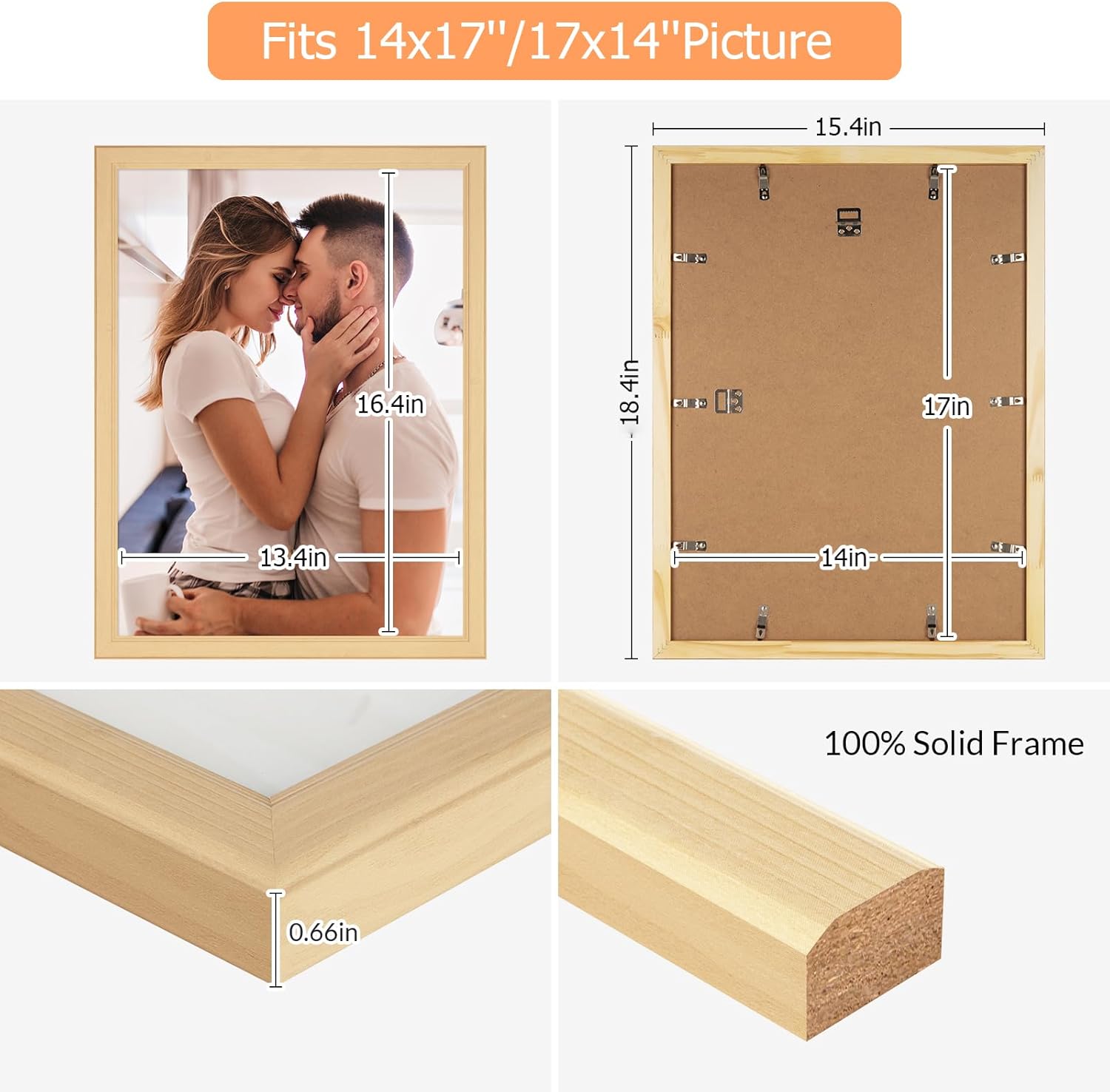 14x17 Wood Frame, Rustic Natural Wooden 17x14in Poster Picture Frame, Modern Beige Woodgrain 14 x 17inch Gallery Wall Photo Frame with HD Plexiglass, Horizontal Vertical Wall Mounting Display 1pcs