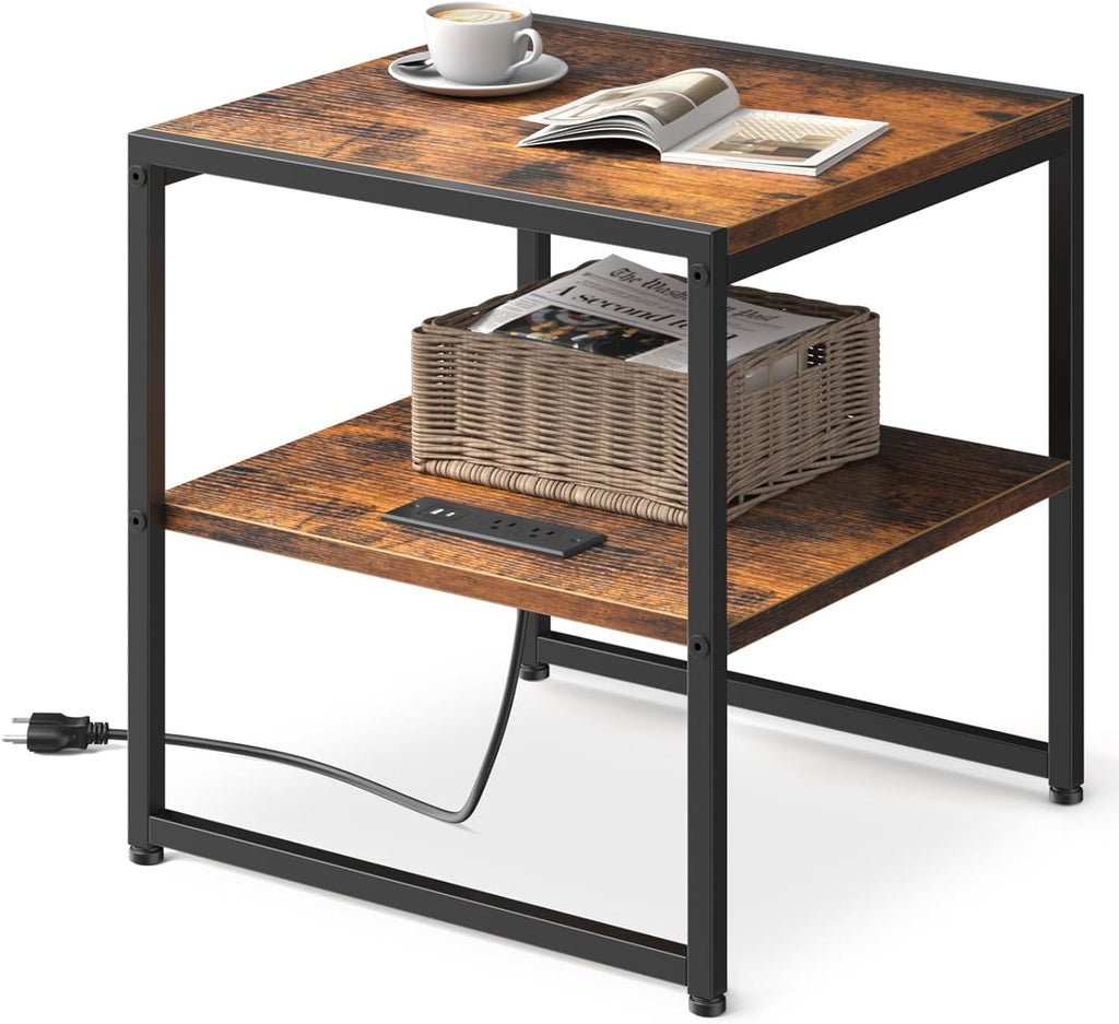 Tatub 20" End Table with Charging Station, Industrial Square Side Table with USB Ports & Outlets, Versatile 2-Tier Small Nightstand for Bedroom Living Room, Rustic Brown