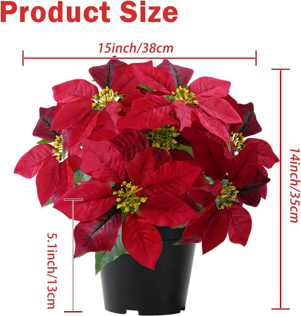 Poinsettia Artificial Red Christmas Flowers 14Inch Faux Poinsettia Plant Winter Flowers for Indoor Outdoor Xmas Ornament Porch Home Garden Decorations