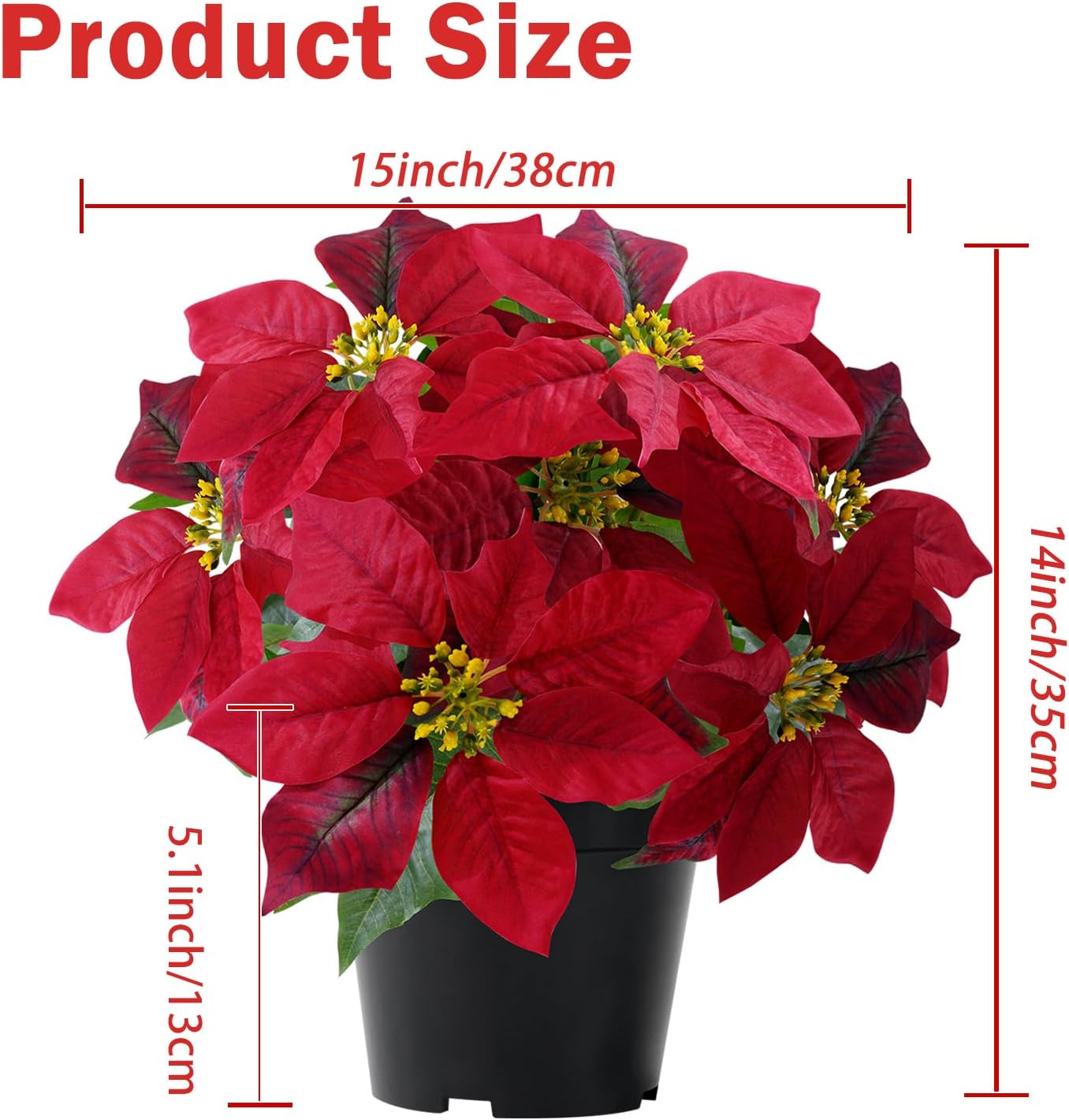 Poinsettia Artificial Red Christmas Flowers 14Inch Faux Poinsettia Plant Winter Flowers for Indoor Outdoor Xmas Ornament Porch Home Garden Decorations
