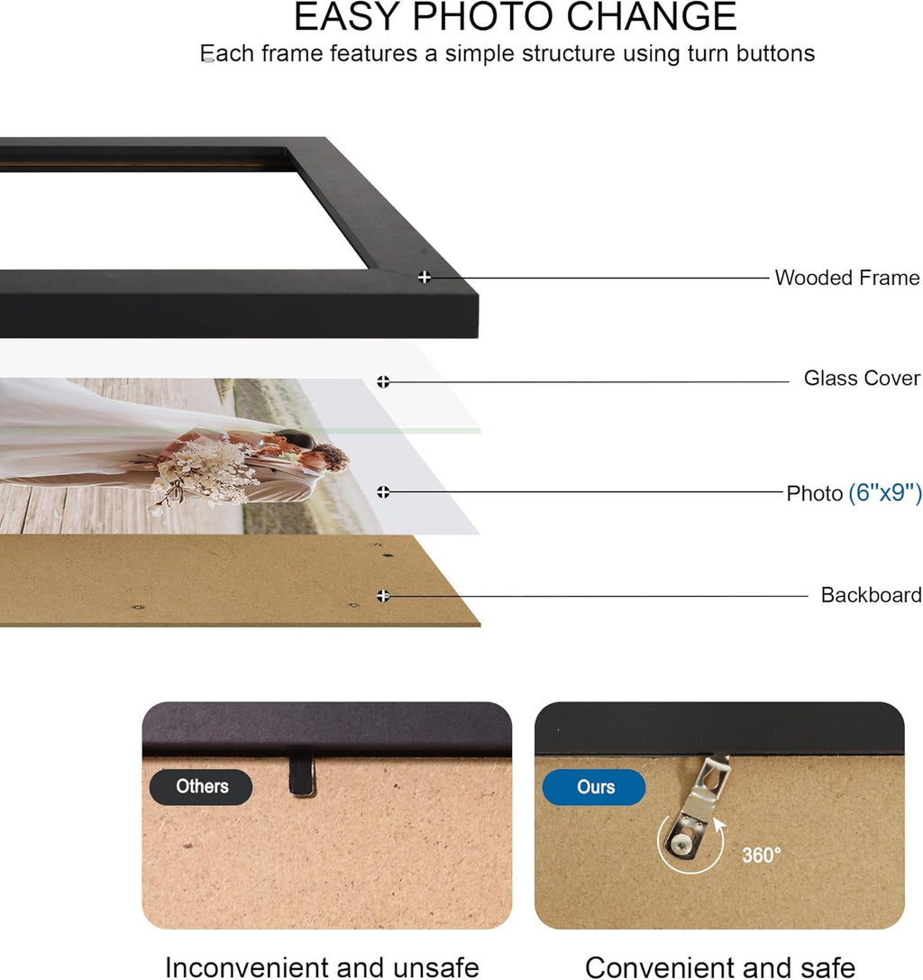 6x9 Picture Frame Set of 4, Made of Real Glass and Black Wooden Frame - 6 by 9 Photo for Wall or Tabletop Display