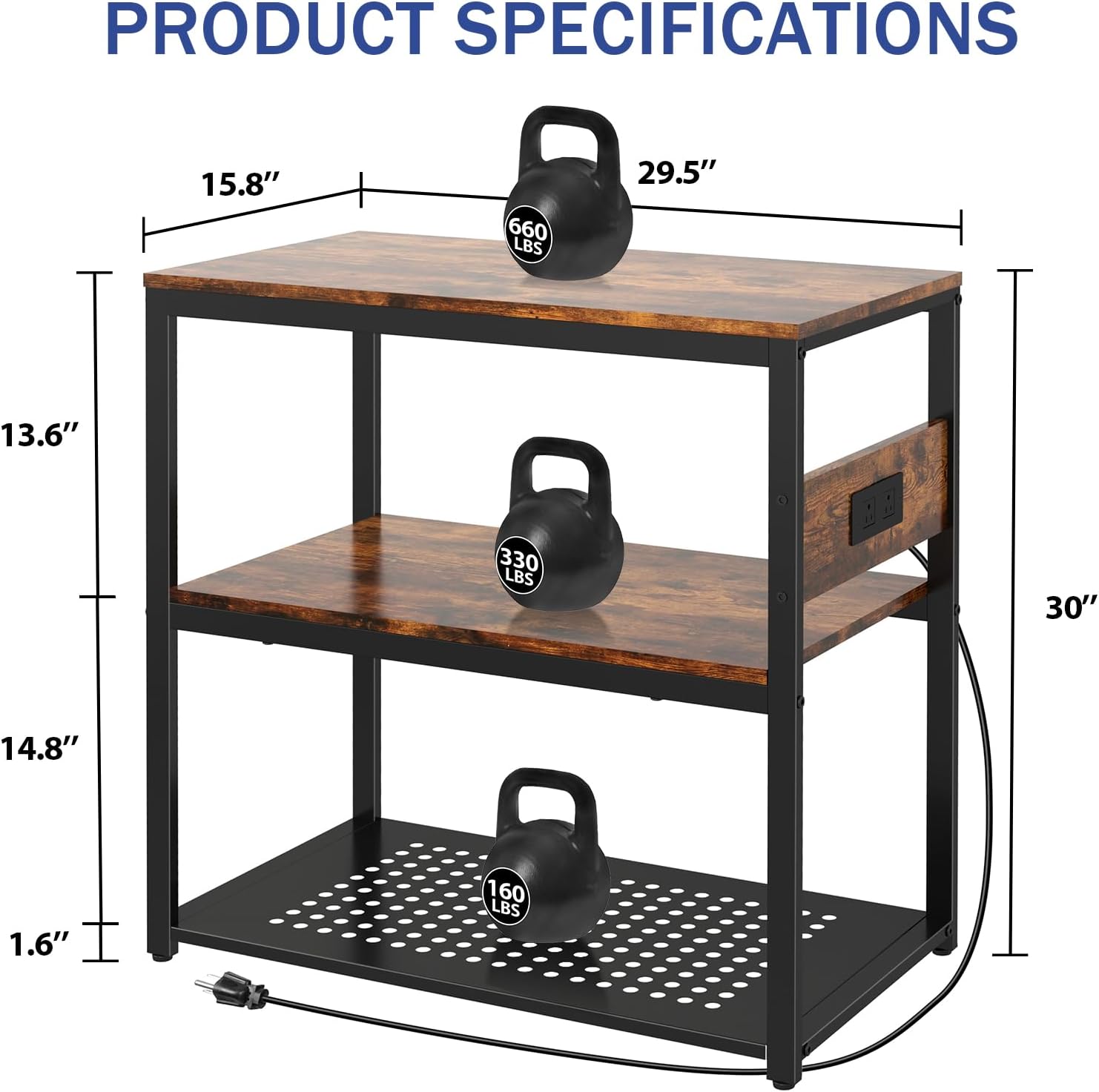 Livofloral 20-29 Gallon Fish Tank Stand With Power Outlets, 3-Tier Metal Aquarium Stands, Breeder Reptile Tank Stand with Shelf for Home Office, 660LBS Capacity, 29.5 x 15.8 x 30.1 inches, Brown