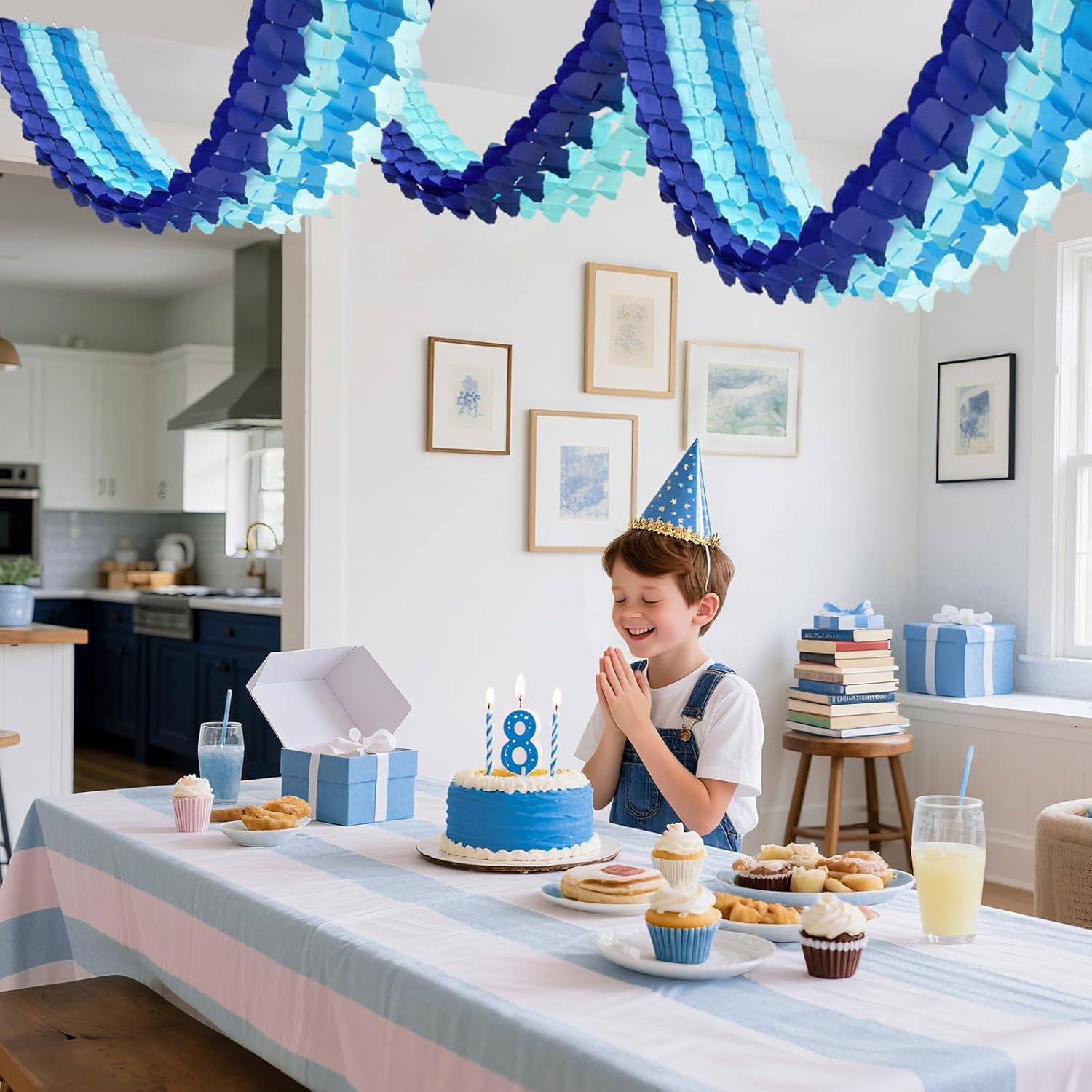 12 Pcs Blue Paper Garland Streamers Decorations, Navy Sky Teal Gradient Backdrop Decor 9.8ft Ready-to-Hang 4-Leaf Design for Graduation Mamma Mia Under The Sea Boy Birthday Party Supplies