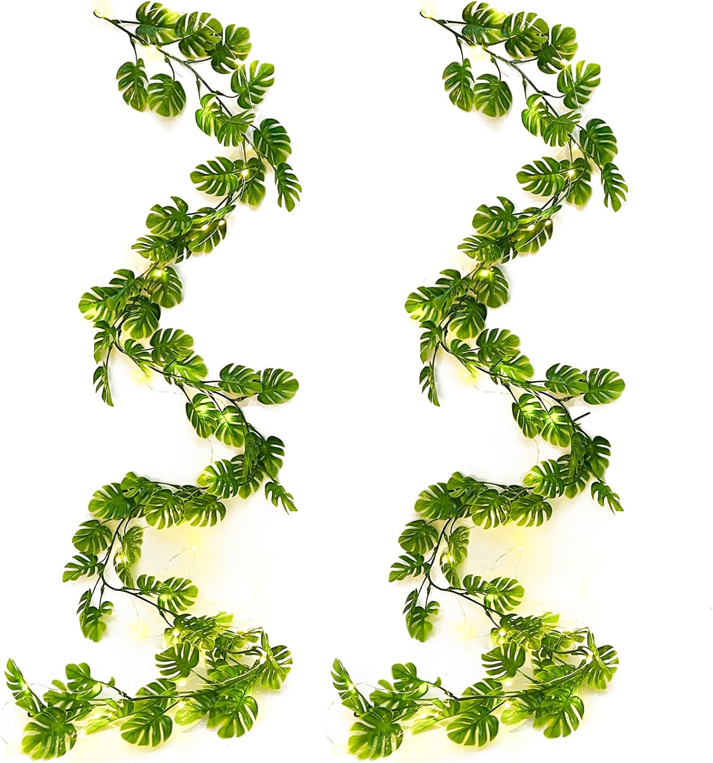 RECUTMS Artificial Monstera Leaf Vines Whit Light 2Pcs, 5.9FT Fake Hanging Ivy Plant Faux Tropical Palm Leaves Greenery Vine Garland Indoor Outdoor Garden Porch Patio Jungle Luau Birthday Party Décor