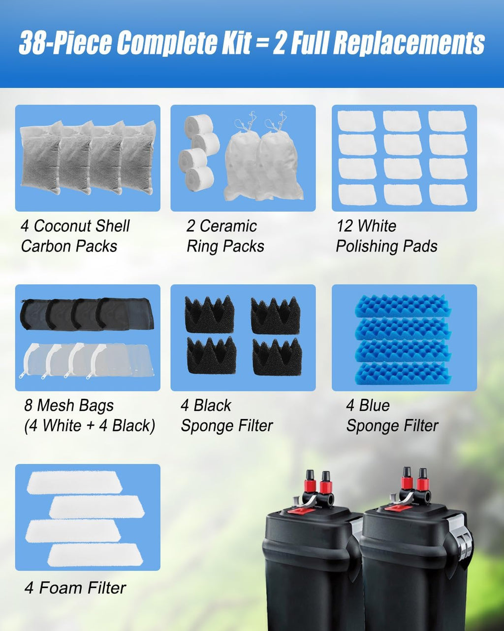 38 Pack Aquarium Filter Media Kit Fit for 306 307 Canister Filters, Includes Water Polishing Pad, Bio Foam Pad, Foam Blocks, Ceramic Rings, Activated Carbon, Filter Mesh Bag