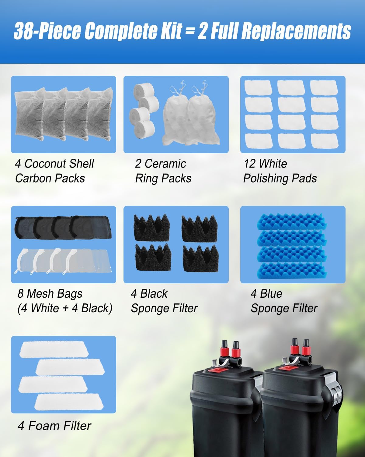 38 Pack Aquarium Filter Media Kit Fit for 306 307 Canister Filters, Includes Water Polishing Pad, Bio Foam Pad, Foam Blocks, Ceramic Rings, Activated Carbon, Filter Mesh Bag