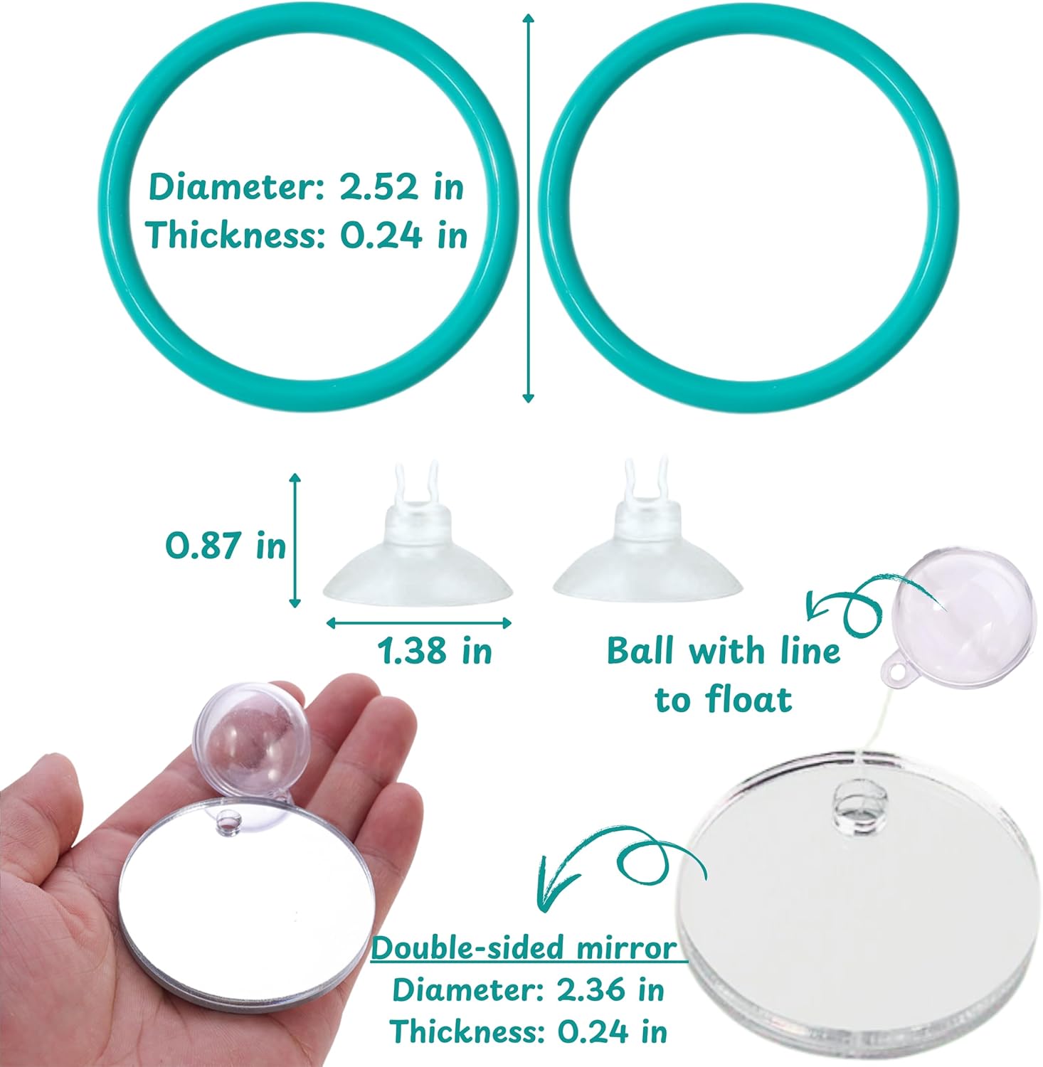 2 pcs Betta Ring Enrichment Toys with 1 pcs Betta Mirror, Exercise Training Ring and Floating Mirror for Fish Tank, Aquarium Feeding Rings with Floating Mirrors, Fish Toys, Bettas Toy (Teal, M-70mm)
