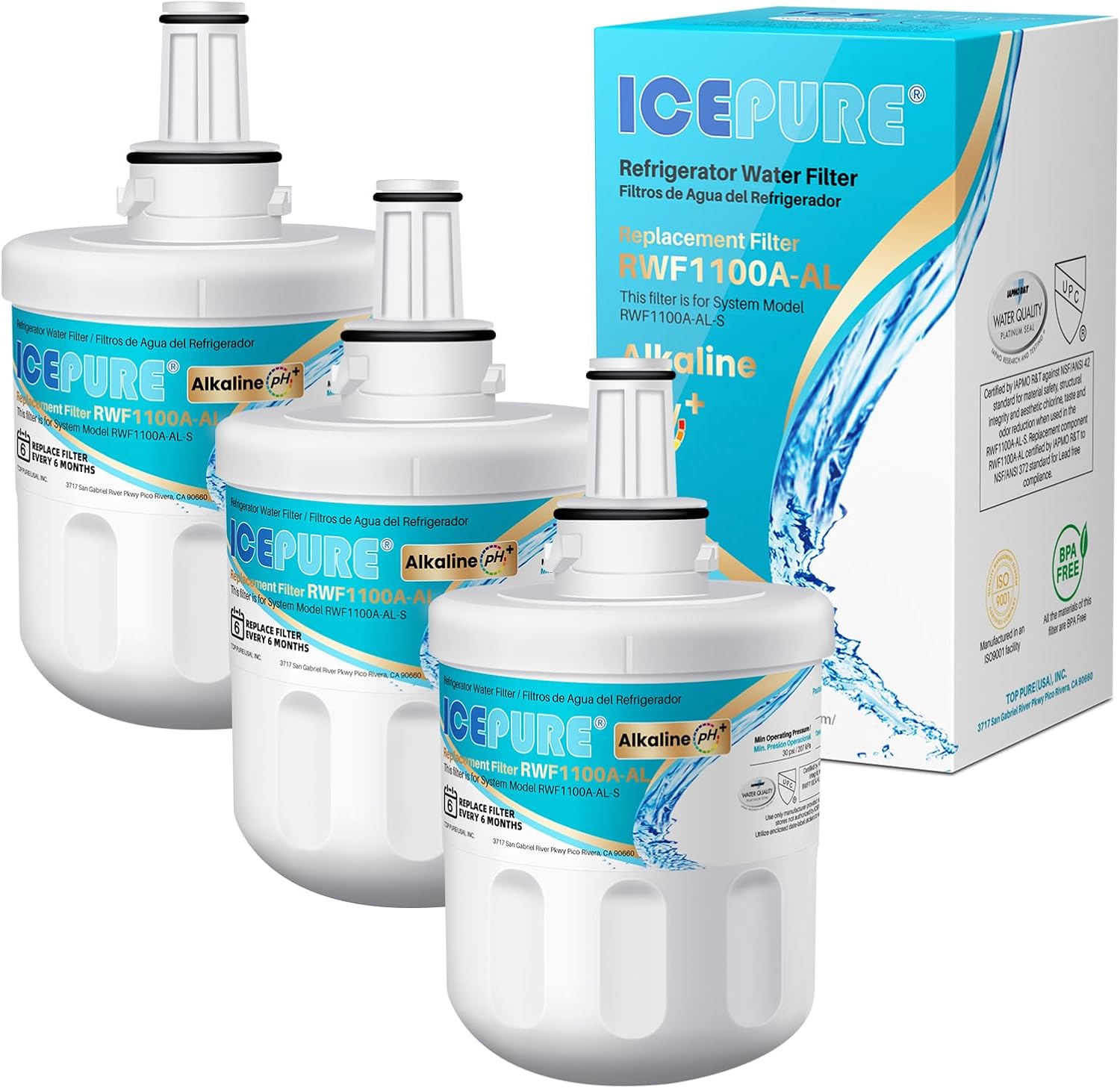 ICEPURE Alkaline DA29-00003G Refrigerator Water Filter Replacement for Samsung DA29-00003A, DA29-00003B, Aqua-Pure Plus, HAFCU1, FMS-1 WSS-1 WF289 RFG237AARS RS22HDHPNSR RSG257AARS, Enhances PH, 3Pack