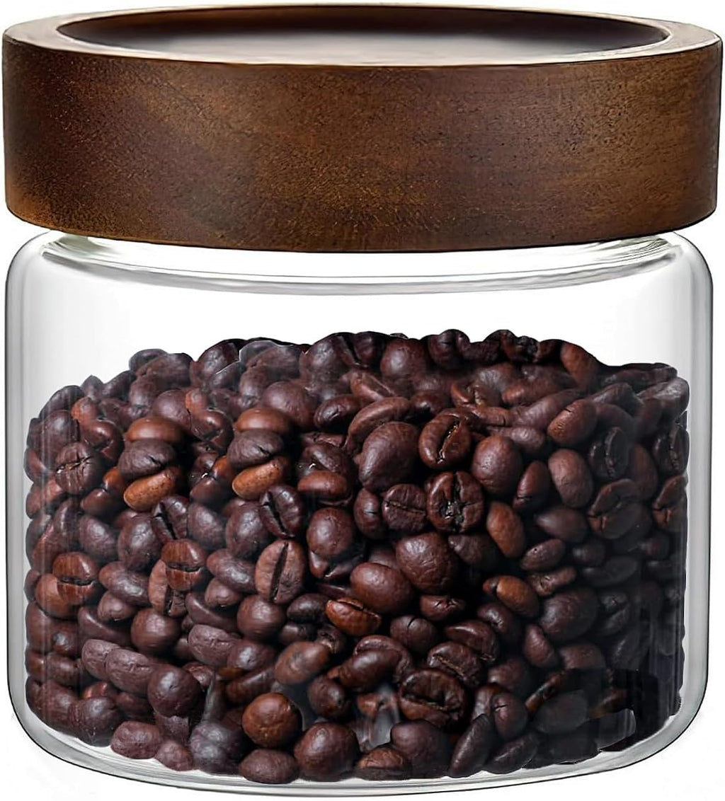 17 Fl oz/500 ml Glass Food Storage Jar, Premium Clear Glass Container Jar with Airtight Wooden Screw Lid, Kitchen Canisters for Coffee,Tea,Pasta,Cookies, Nuts,Spice,Candy,Overnight Oatmeal（Small)
