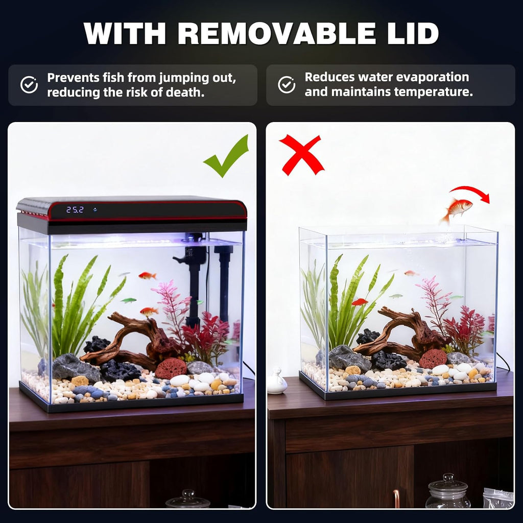 Coospider 10 Gallon Glass Fish Tank, Aquarium Starter Kit - Self-Cleaning with 3-Color LED Lights, Ultra-Quiet Pump & Filter, Smart Temperature Monitoring for Betta, Shrimp, Gift Idea