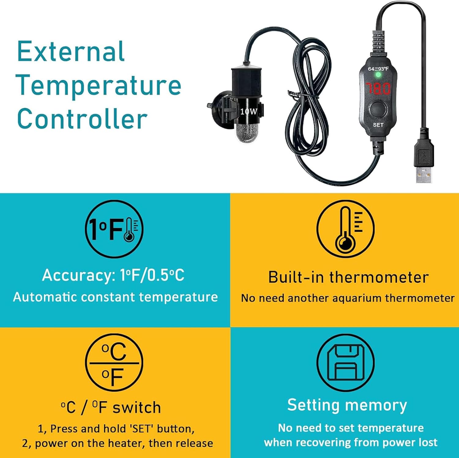 Mini Submersible Aquarium Heater, 25/50/100/150/200/300 Watts Adjustable Fish Tank Heater, Built-in Thermometer, External Temperature Controller, Smart Memory (10 Watts(USB))