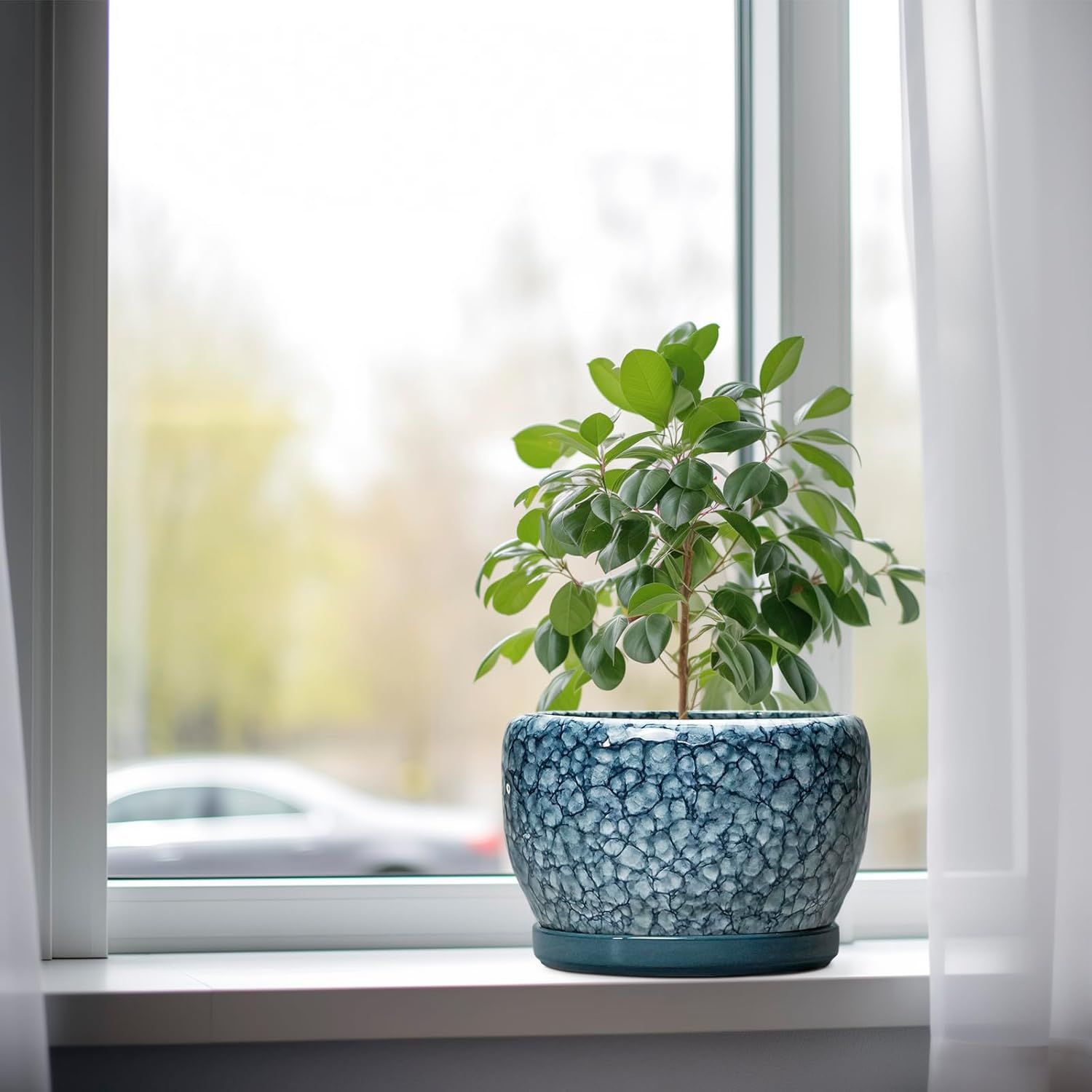 SQOWL 8 inch Plant Pot - Ceramic Pots for Plants Indoor, Decorative Plant Pot with Drainage Hole and Saucer, Ceramic Flower Pots Outdoor, Round Planter, Living Room Decor, Garden Gifts for Women, Blue