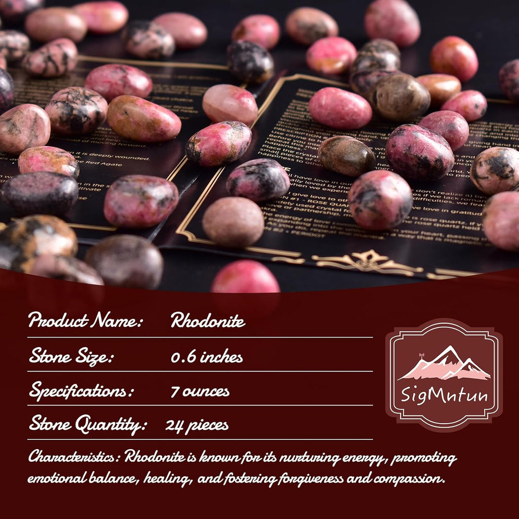 Rhodonite Healing Crystal Stone Set - 24 Pieces, 0.6" Natural & Polished Stones for Healing, Meditation, Reiki, Chakra, Crafting & Decoration