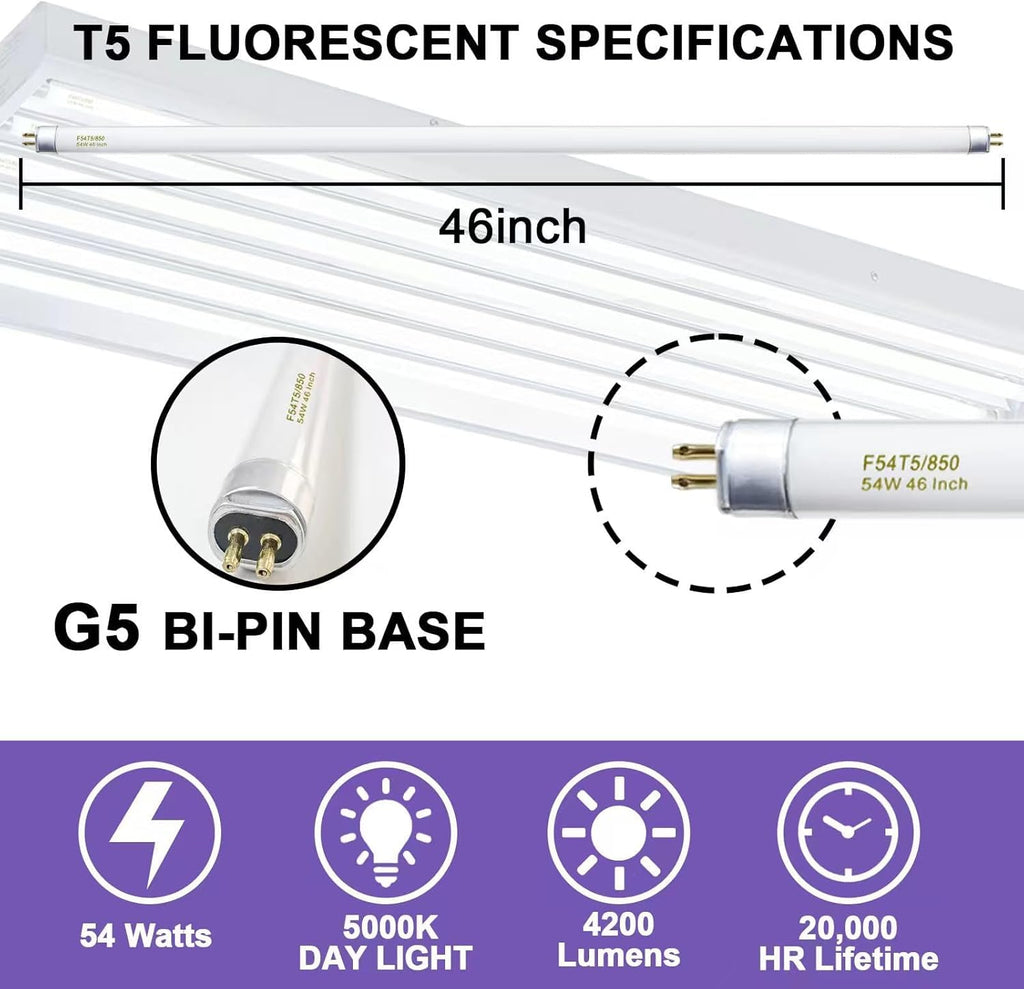 46 Inches T5 Fluorescent Bulb 54W, F54T5/850/HO 54 Watt T5 High Output 5000K Fluorescent Tube, 25 Pack, G5 Base, 4200 Lumens, CRI 82