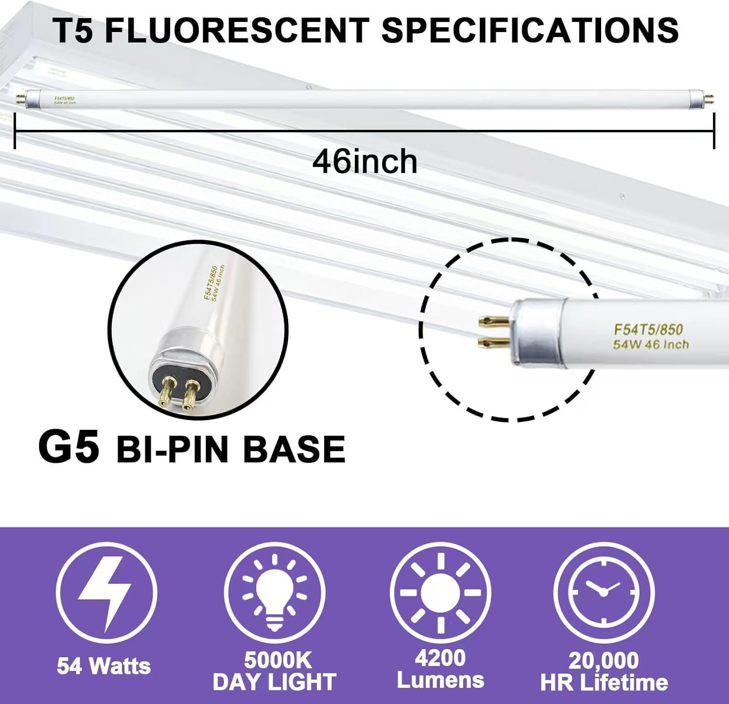 46 Inches T5 Fluorescent Bulb 54W, F54T5/850/HO 54 Watt T5 High Output 5000K Fluorescent Tube, 25 Pack, G5 Base, 4200 Lumens, CRI 82