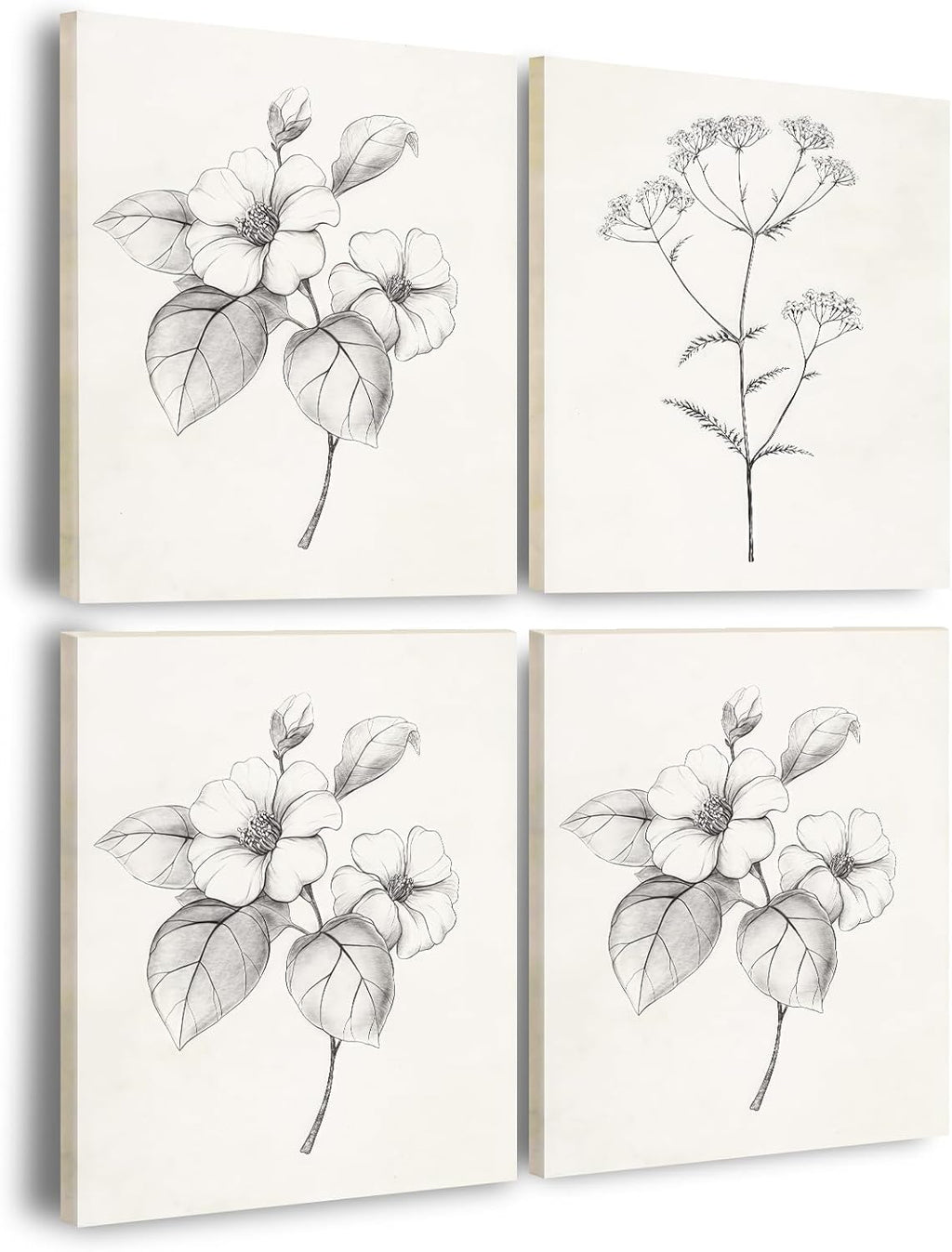 4pcs Framed Black and White Vintage Floral Sketch Wall Art Decor Canvas Print Wall Painting Picture Poster Minimalist Gallery Bedroom Living Room Office Decor Decoration 12x16 Inch Ready to Hang