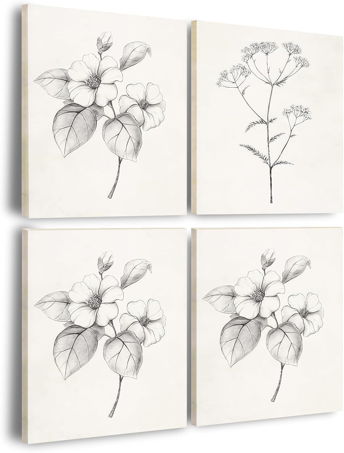 4pcs Framed Black and White Vintage Floral Sketch Wall Art Decor Canvas Print Wall Painting Picture Poster Minimalist Gallery Bedroom Living Room Office Decor Decoration 12x16 Inch Ready to Hang