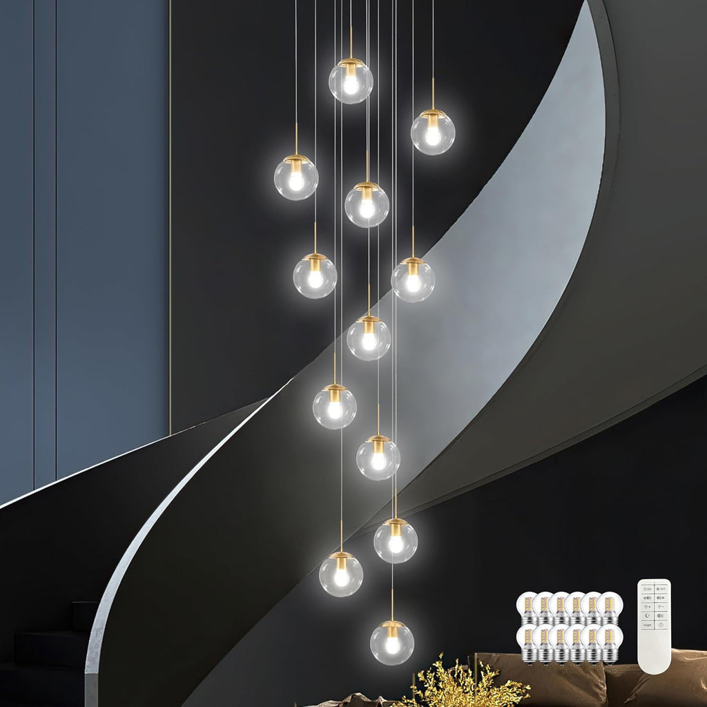 KoKo&Yukina 12-Light Gold Mid Century Modern Chandelier for Living Room Staircase Chandelier for Entryway Clear Globe Glass Chandelier High Ceiling Chandeliers Foyer Entryway (Bulb & Remote Incl.)