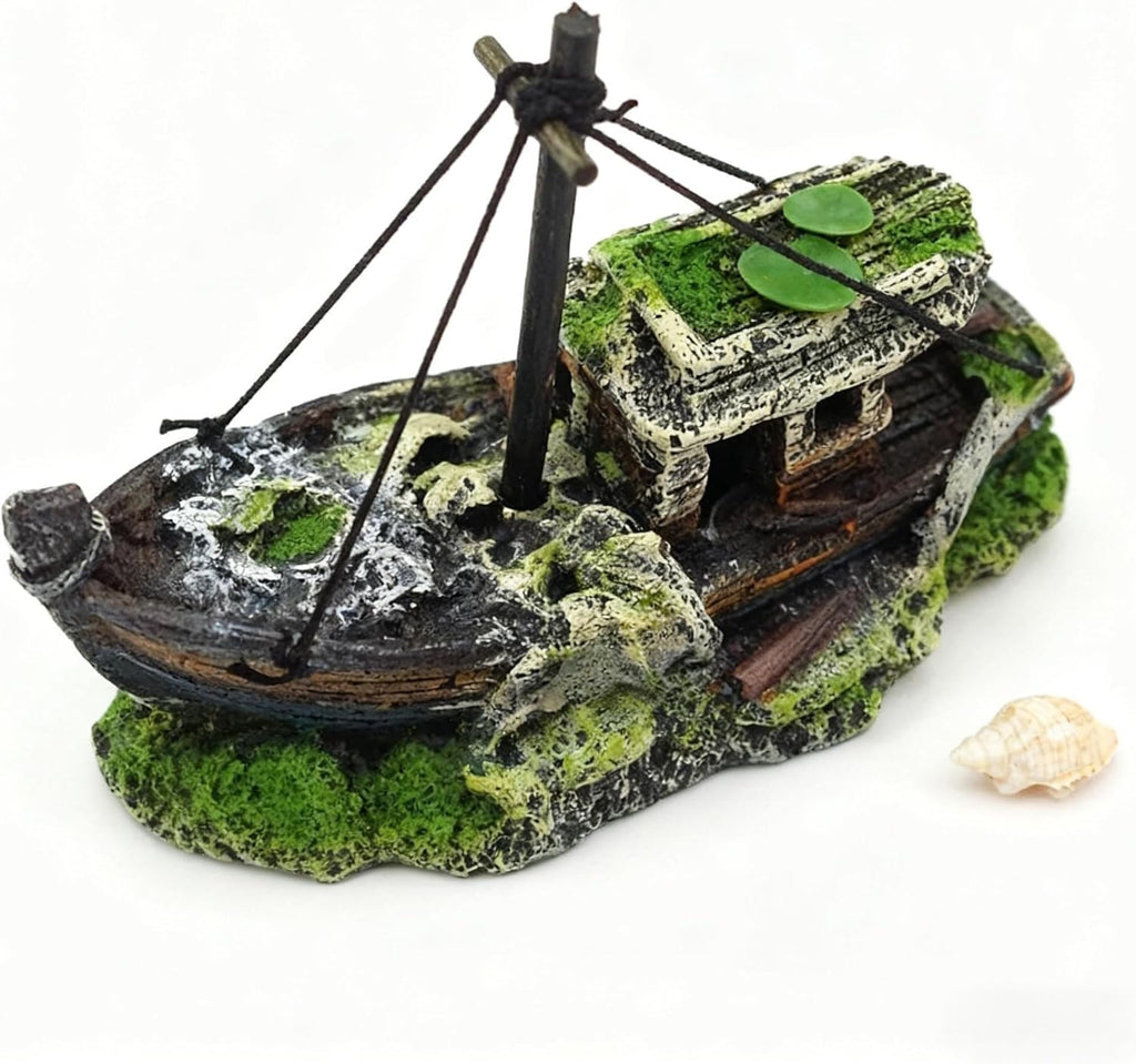 Aquarium Realistic Shipwreck Decor, Resin Sunken Ship Ornament, Perfect for Betta, Shrimp, Reptiles & Tank Landscaping