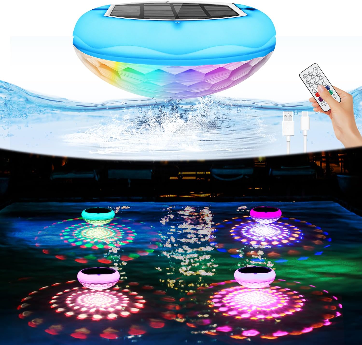 2-in-1 Solar Powered USB Rechargeable Floating Pool Lights, 6.69 Inch IP68 Waterproof 2600mAh Pool Lights 6 Dynamic Modes with Remote Upper and Lower Glow Hangable for Backyard Pond 4 PCS