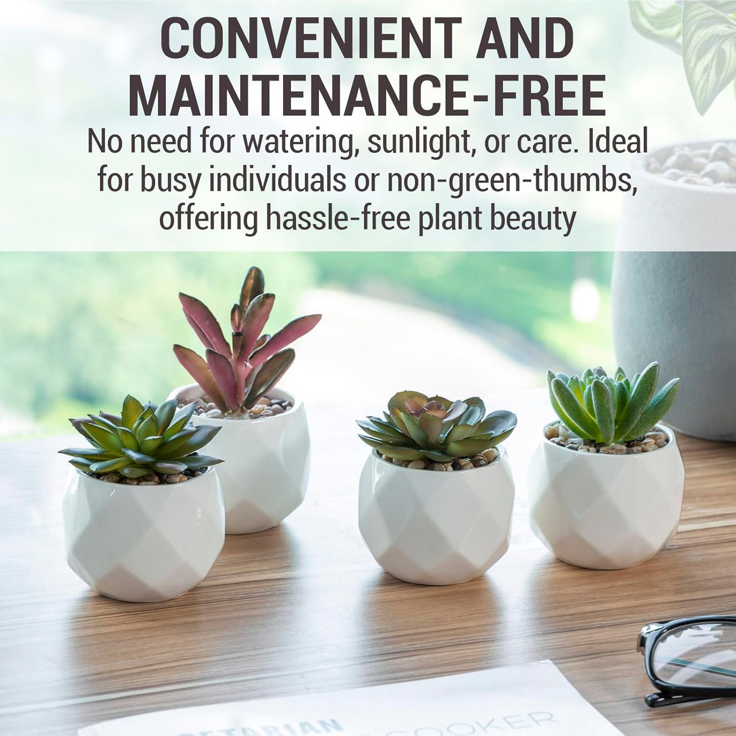MyGift Miniature Artificial Succulents, Indoor Fake House Plants in Round White Geometric Ceramic Pots, Set of 4