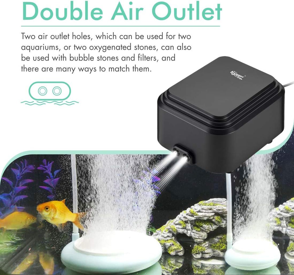 hygger Quietest Aquarium Air Pump, Adjustable Oxygen Pump 2 Air Outlets Ultra Silent Powerful Aerator Pump Up to 600Gallon Fish Tank 255GPH 10W