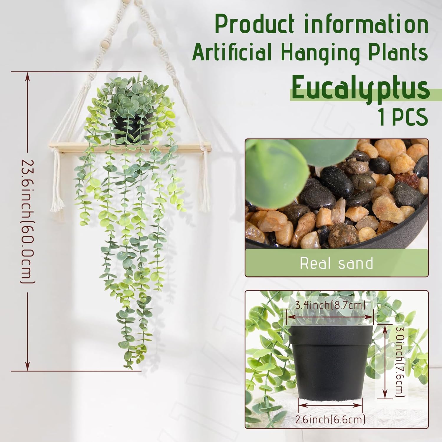 Fake Hanging Eucalyptus Plants Artificial Faux Plants Indoor Small Hanging Greenery Decor for Shelf with Black Pot Soft Green for Living Room, Kitchen, Balcony, Garden, Bedroom