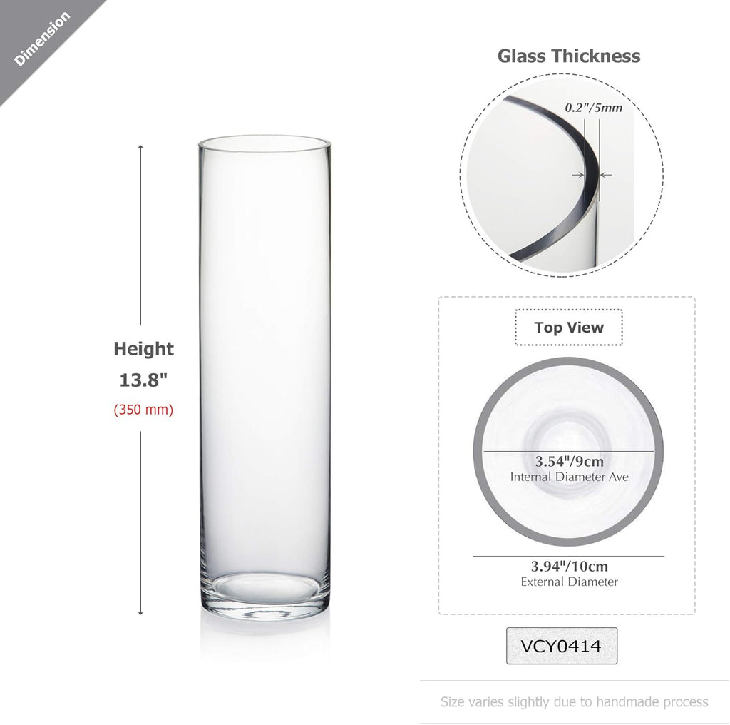 WGVI Quality Thick Weighted Tall Clear Cylinder Glass Vases, 4" W x 14" H, Flower Arrangement Floating Candle Holders Wedding Centerpieces Floral Container Home Decor, Bulk Wholesale, 6 Pcs