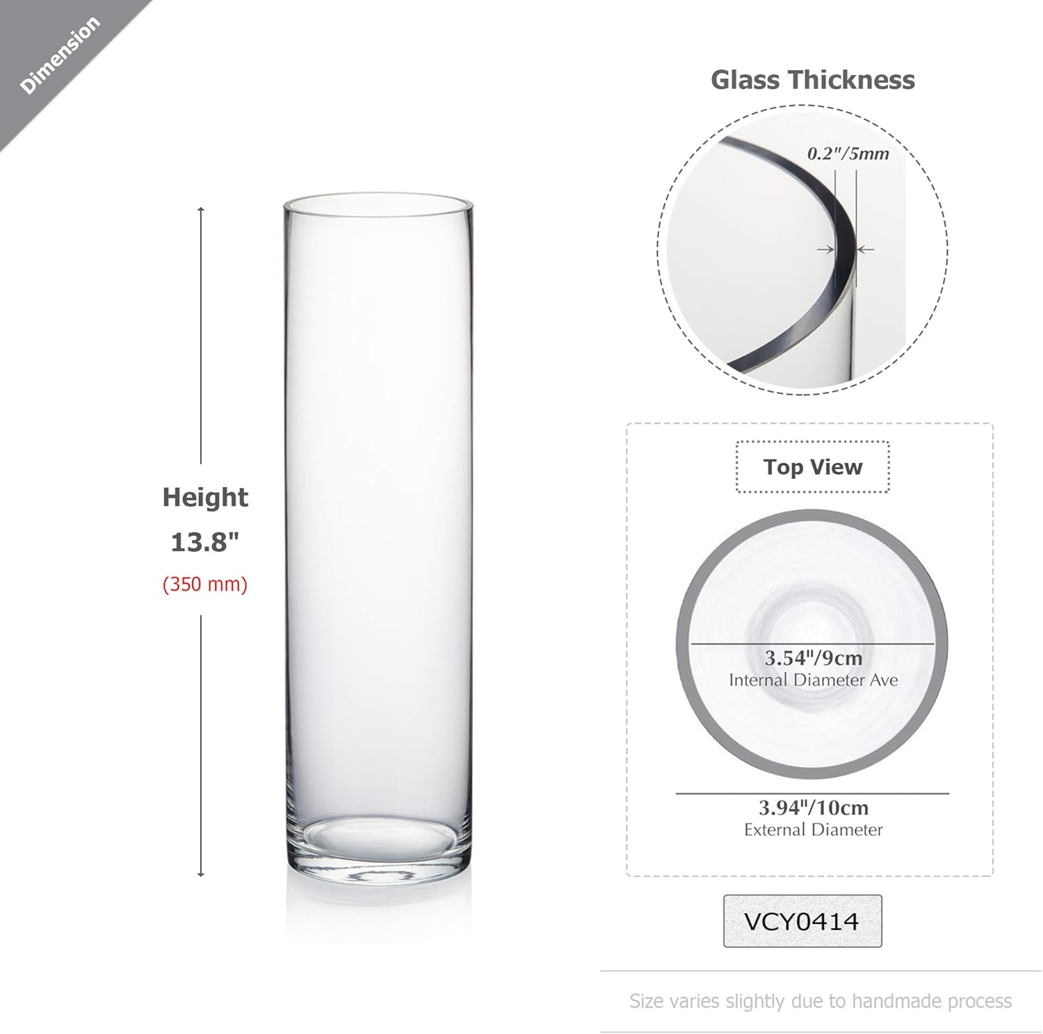 WGVI Quality Thick Weighted Tall Clear Cylinder Glass Vases, 4" W x 14" H, Flower Arrangement Floating Candle Holders Wedding Centerpieces Floral Container Home Decor, Bulk Wholesale, 12 Pcs